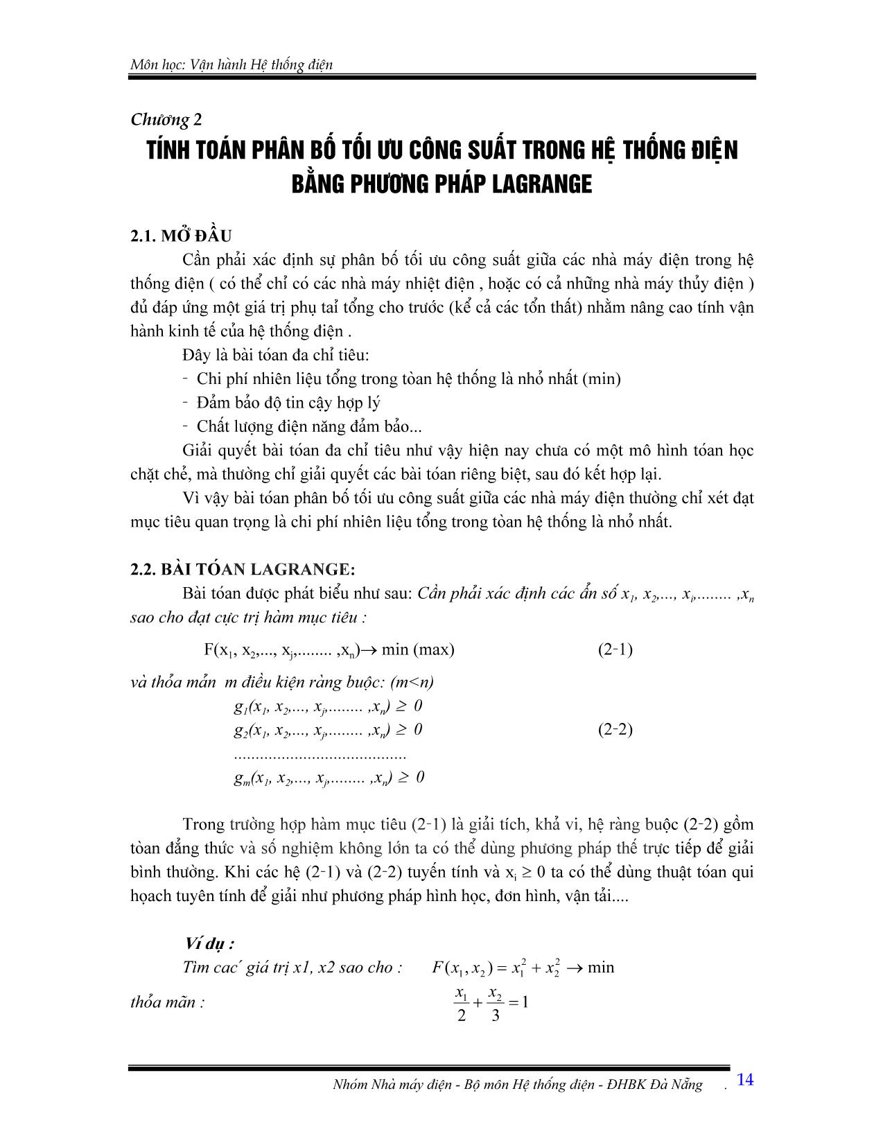 Giáo trình Vận hành hệ thống điện - Chương 2: Tính toán phân bố tối ưu công suất trong hệ thống điện bằng phương pháp Lagrange trang 1