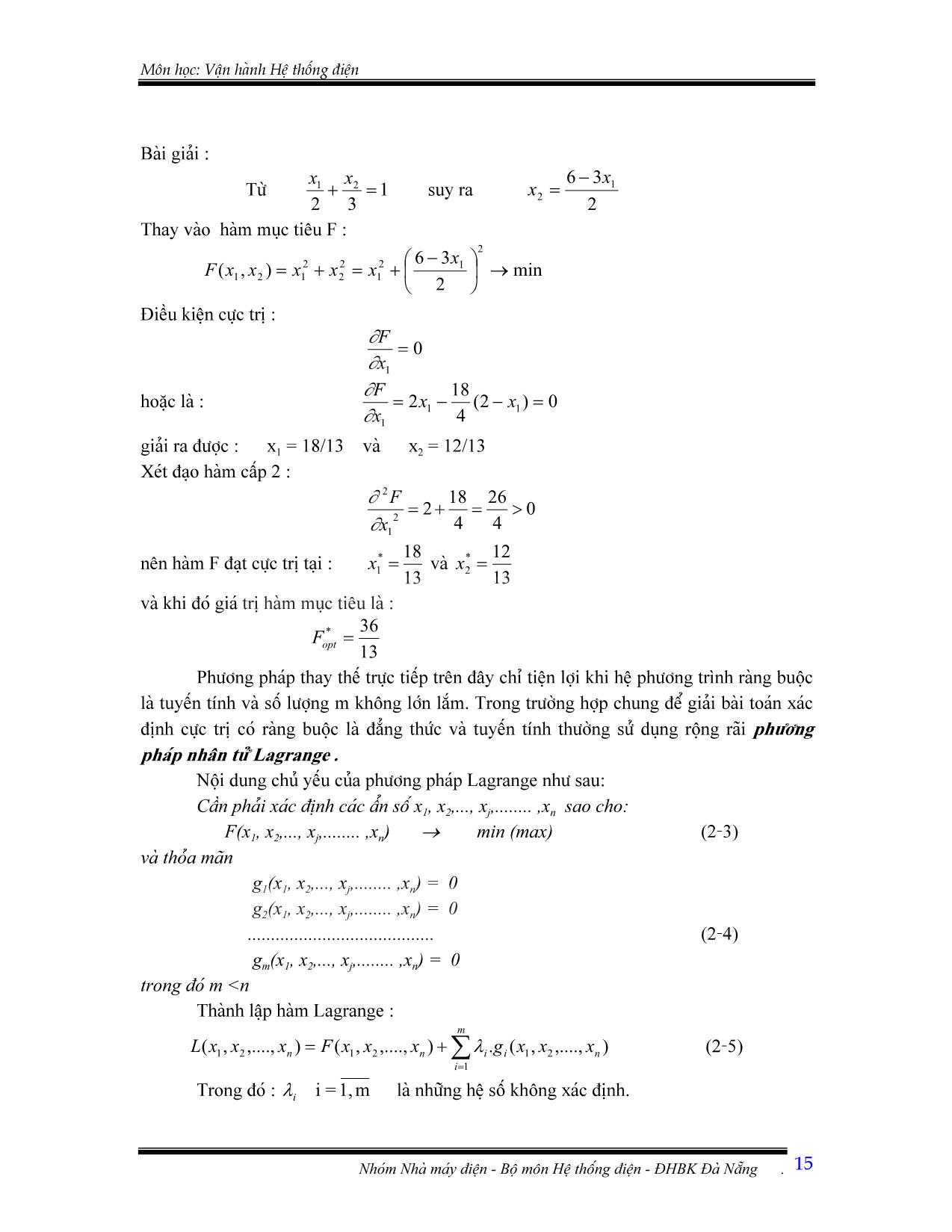 Giáo trình Vận hành hệ thống điện - Chương 2: Tính toán phân bố tối ưu công suất trong hệ thống điện bằng phương pháp Lagrange trang 2