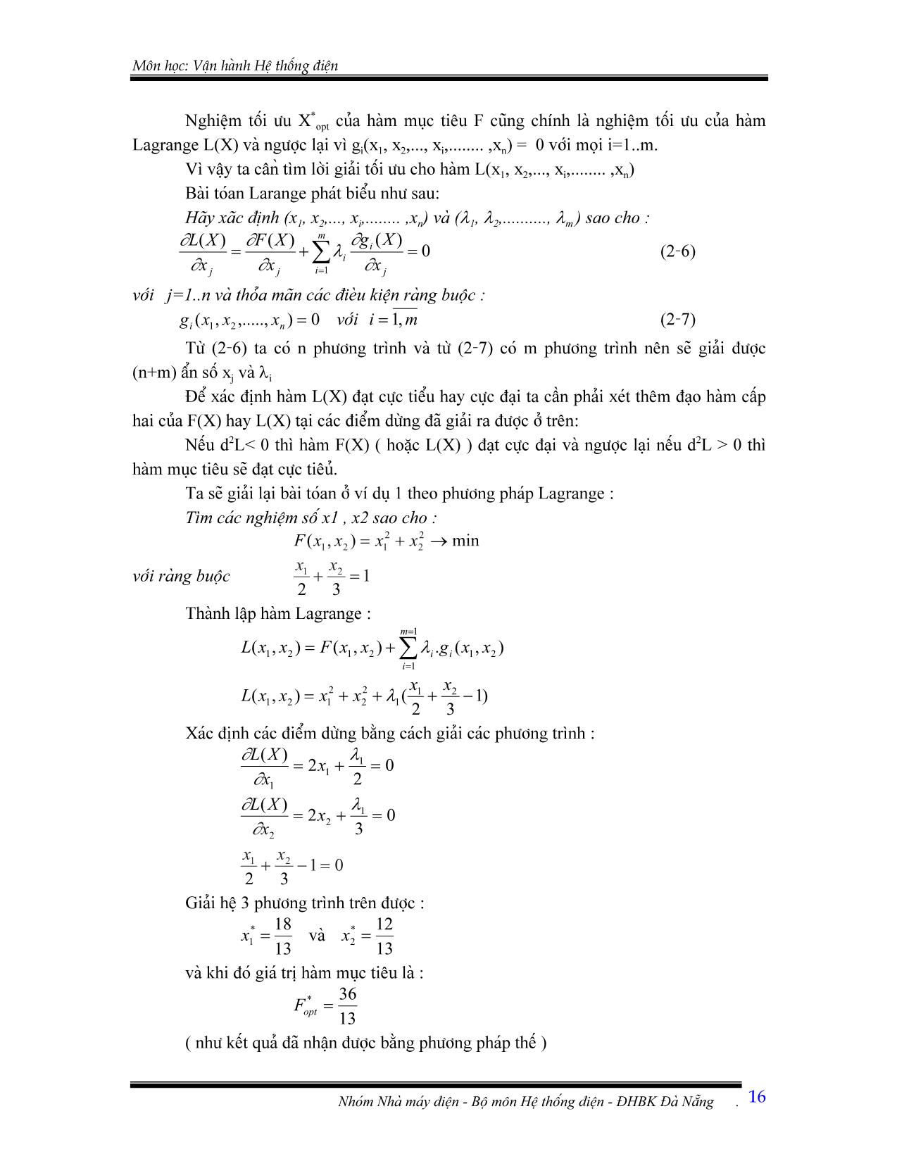 Giáo trình Vận hành hệ thống điện - Chương 2: Tính toán phân bố tối ưu công suất trong hệ thống điện bằng phương pháp Lagrange trang 3