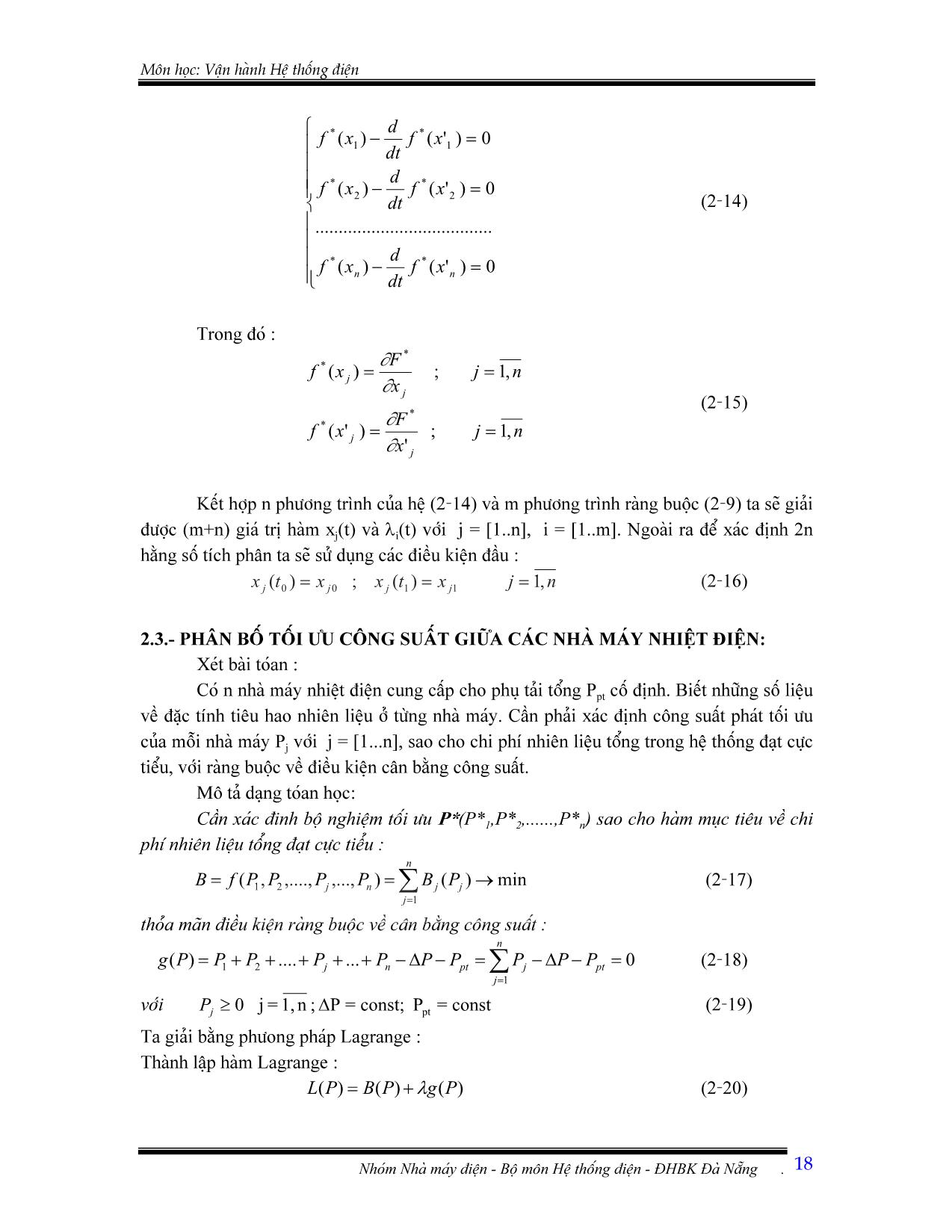 Giáo trình Vận hành hệ thống điện - Chương 2: Tính toán phân bố tối ưu công suất trong hệ thống điện bằng phương pháp Lagrange trang 5