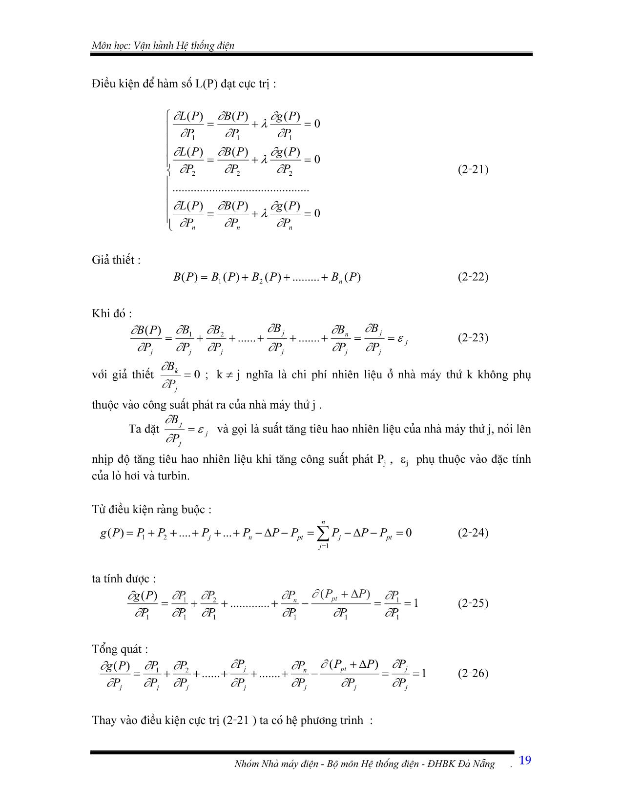 Giáo trình Vận hành hệ thống điện - Chương 2: Tính toán phân bố tối ưu công suất trong hệ thống điện bằng phương pháp Lagrange trang 6