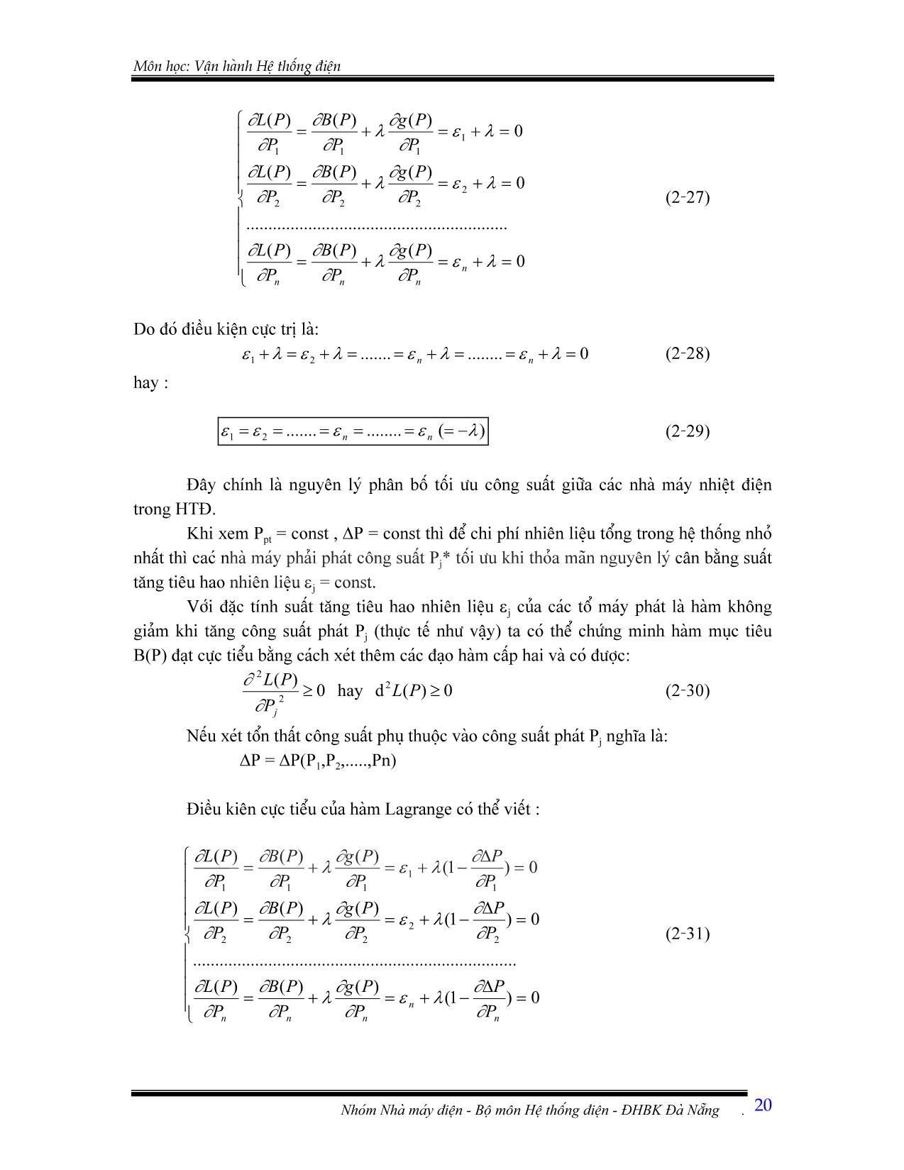 Giáo trình Vận hành hệ thống điện - Chương 2: Tính toán phân bố tối ưu công suất trong hệ thống điện bằng phương pháp Lagrange trang 7