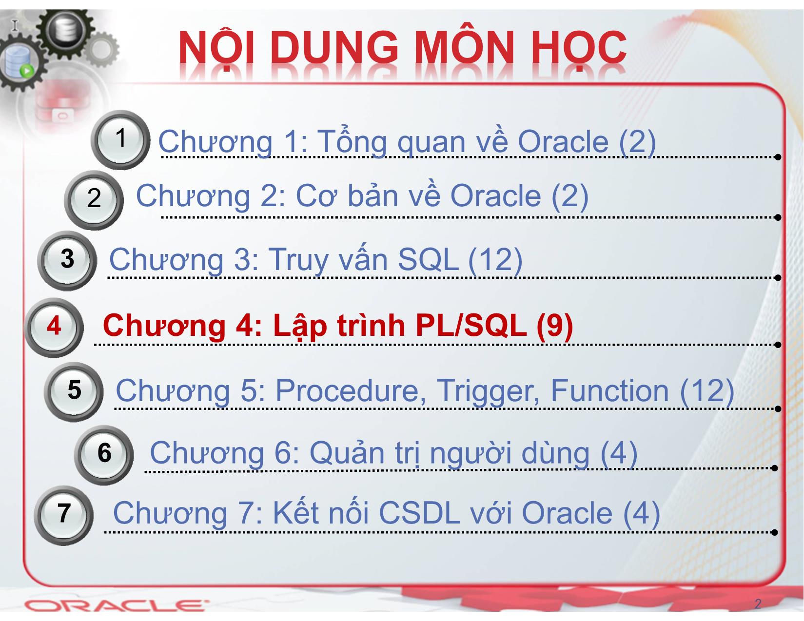 Bài giảng Hệ quản trị cơ sở dữ liệu (Oracle) - Chương 4: Lập trình PL/SQL - Nguyễn Thị Mỹ Dung trang 2