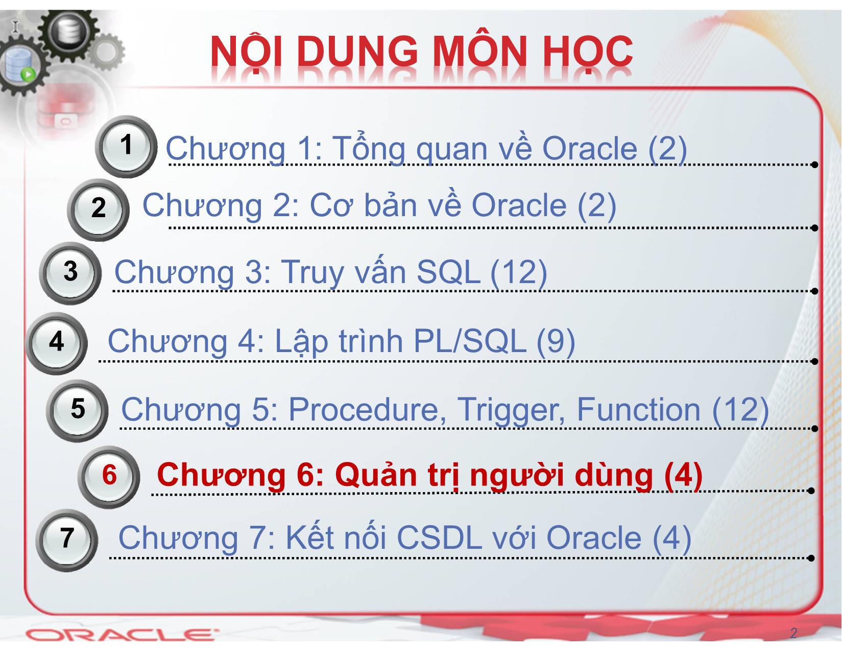 Bài giảng Hệ quản trị cơ sở dữ liệu (Oracle) - Chương 6: Quản trị người dùng - Nguyễn Thị Mỹ Dung trang 2