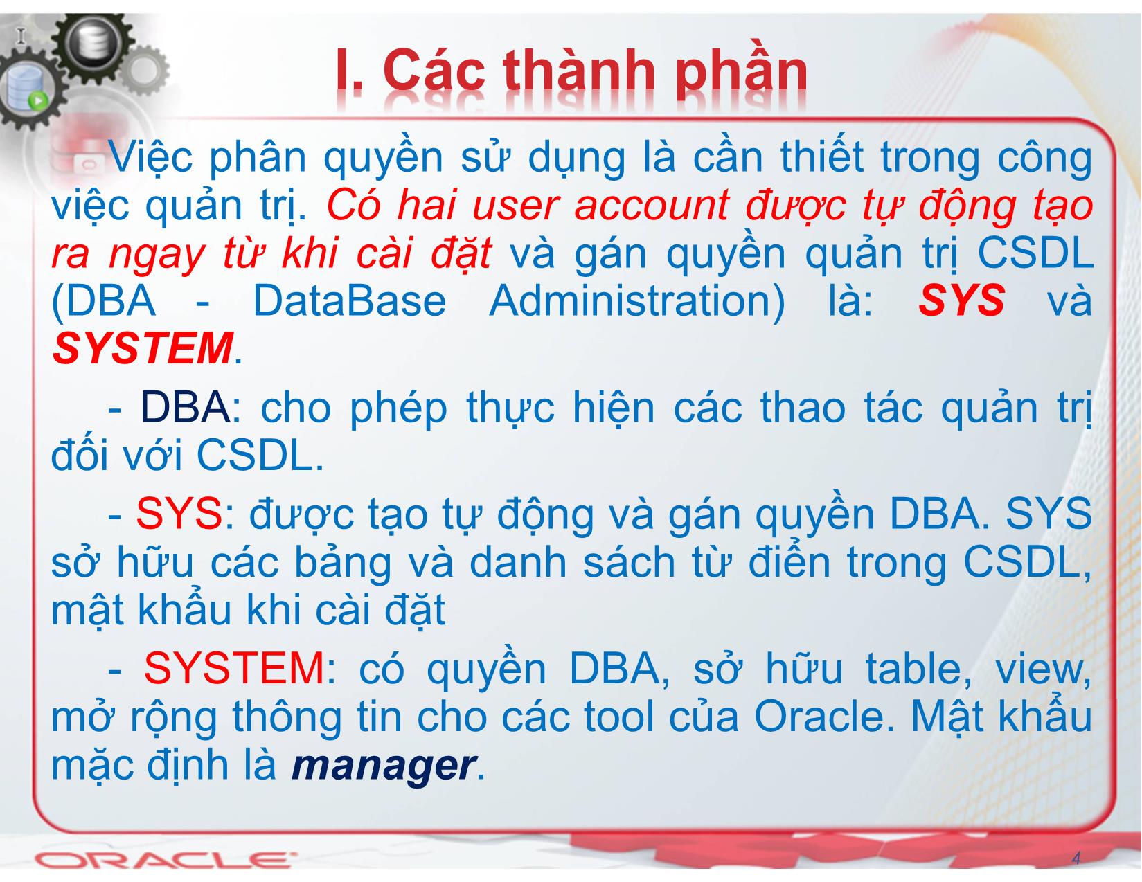 Bài giảng Hệ quản trị cơ sở dữ liệu (Oracle) - Chương 6: Quản trị người dùng - Nguyễn Thị Mỹ Dung trang 4