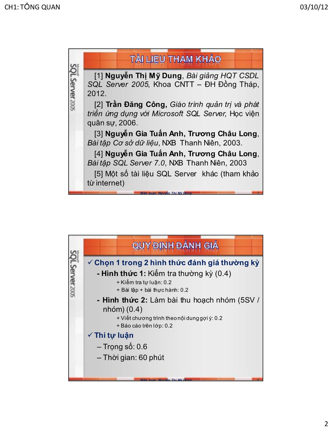 Bài giảng Hệ quản trị cơ sở dữ liệu SQL Server - Chương 1: Tổng quan về SQL Server - Nguyễn Thị Mỹ Dung trang 2