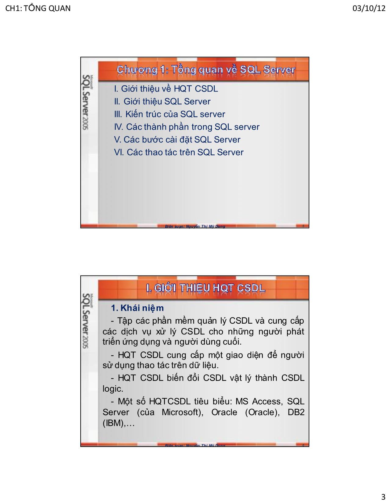 Bài giảng Hệ quản trị cơ sở dữ liệu SQL Server - Chương 1: Tổng quan về SQL Server - Nguyễn Thị Mỹ Dung trang 3