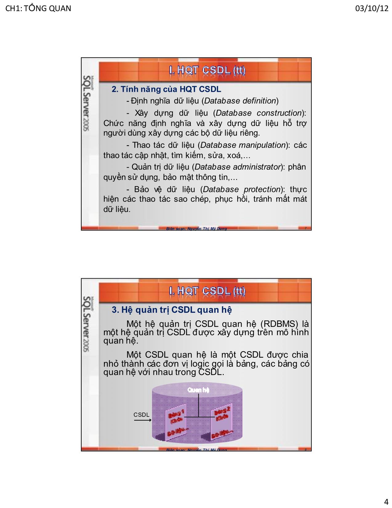 Bài giảng Hệ quản trị cơ sở dữ liệu SQL Server - Chương 1: Tổng quan về SQL Server - Nguyễn Thị Mỹ Dung trang 4