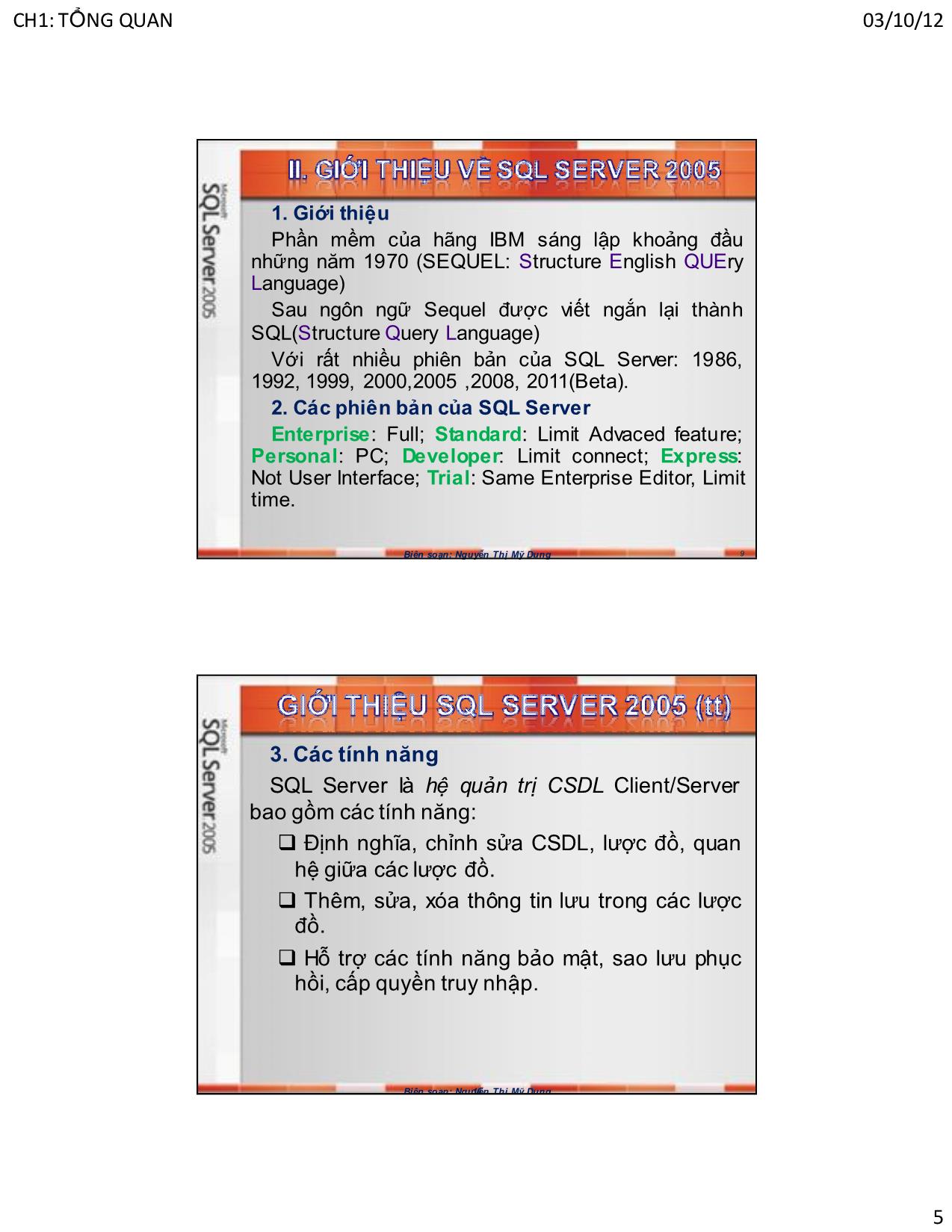 Bài giảng Hệ quản trị cơ sở dữ liệu SQL Server - Chương 1: Tổng quan về SQL Server - Nguyễn Thị Mỹ Dung trang 5