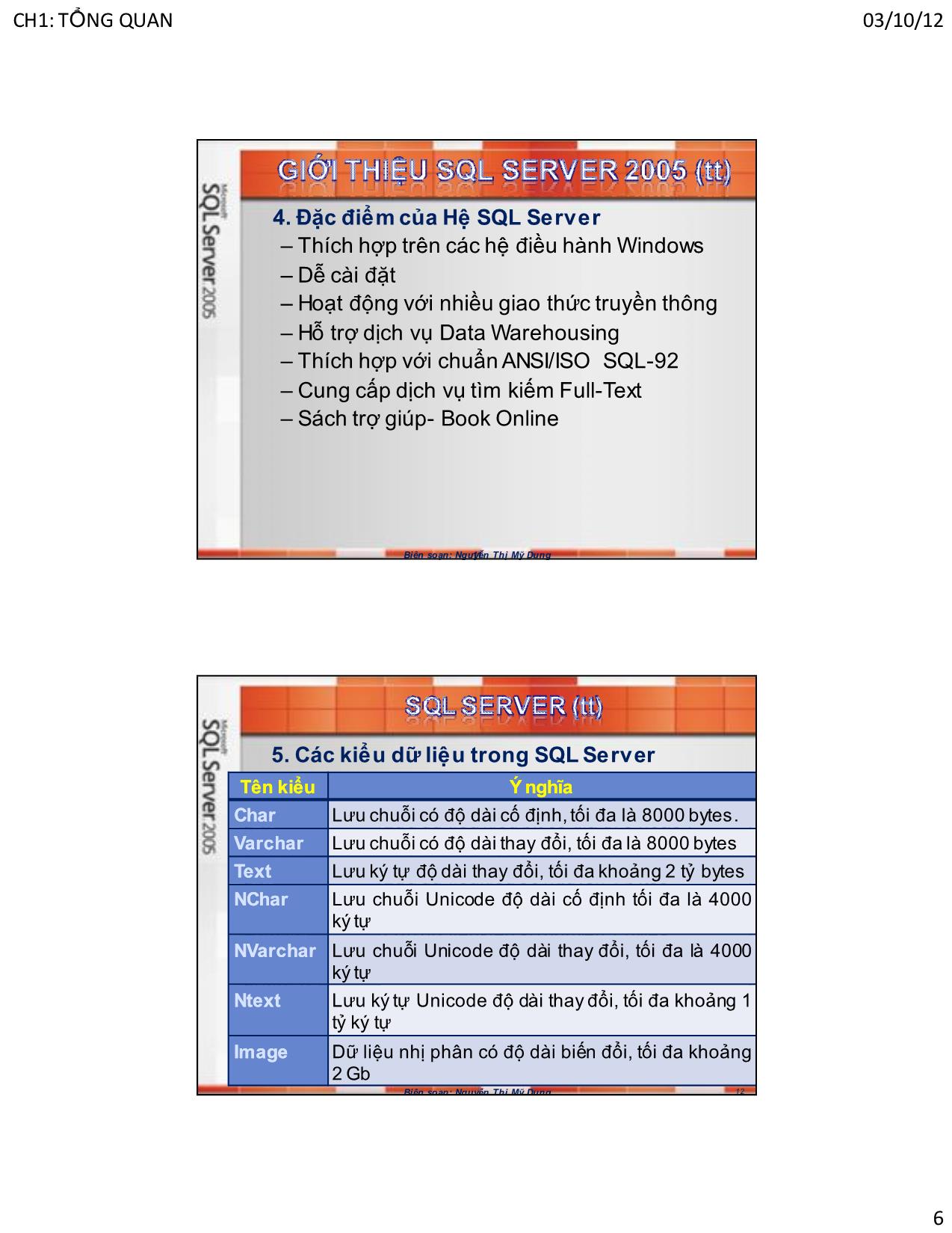 Bài giảng Hệ quản trị cơ sở dữ liệu SQL Server - Chương 1: Tổng quan về SQL Server - Nguyễn Thị Mỹ Dung trang 6