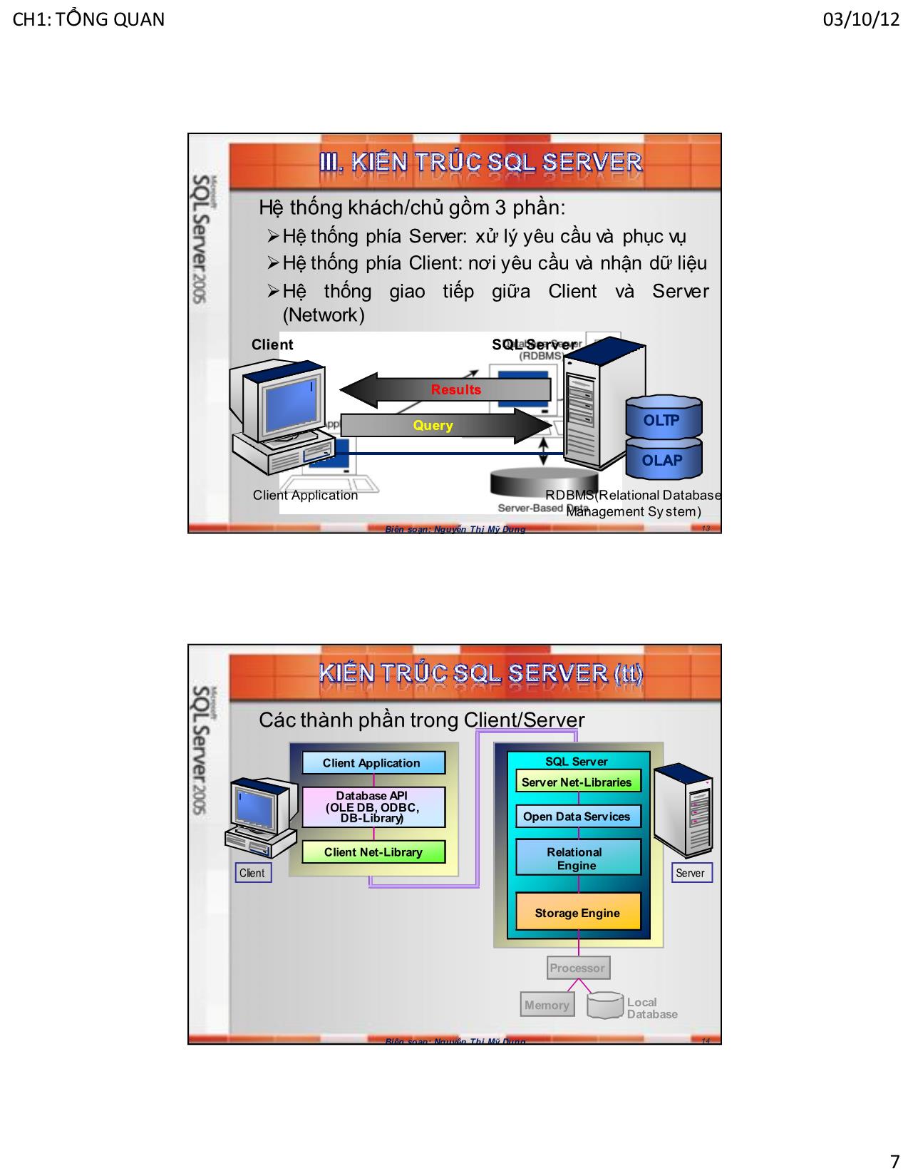 Bài giảng Hệ quản trị cơ sở dữ liệu SQL Server - Chương 1: Tổng quan về SQL Server - Nguyễn Thị Mỹ Dung trang 7