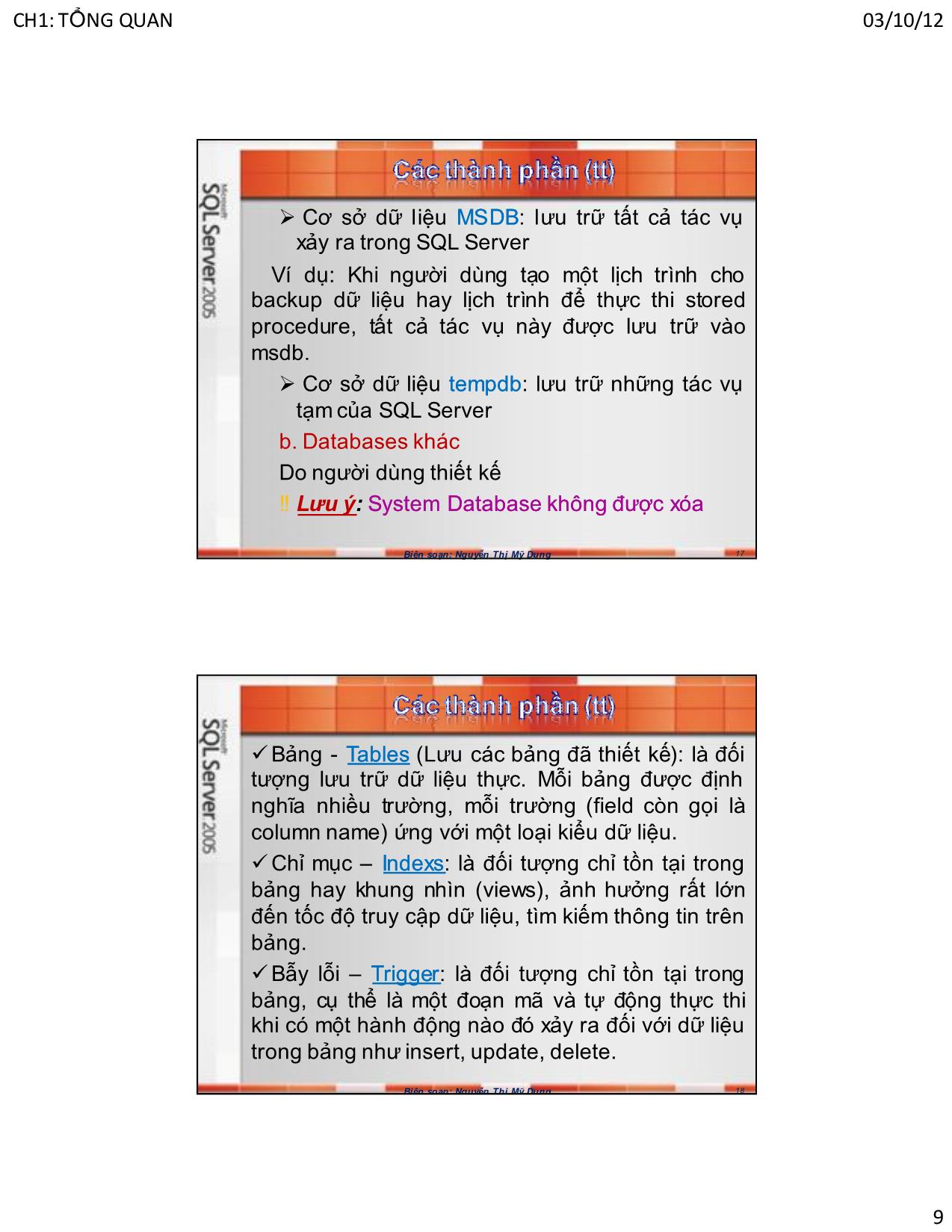Bài giảng Hệ quản trị cơ sở dữ liệu SQL Server - Chương 1: Tổng quan về SQL Server - Nguyễn Thị Mỹ Dung trang 9