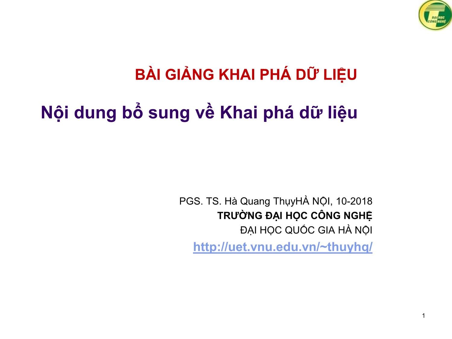 Bài giảng Khai phá dữ liệu - Hà Quang Thụy trang 1