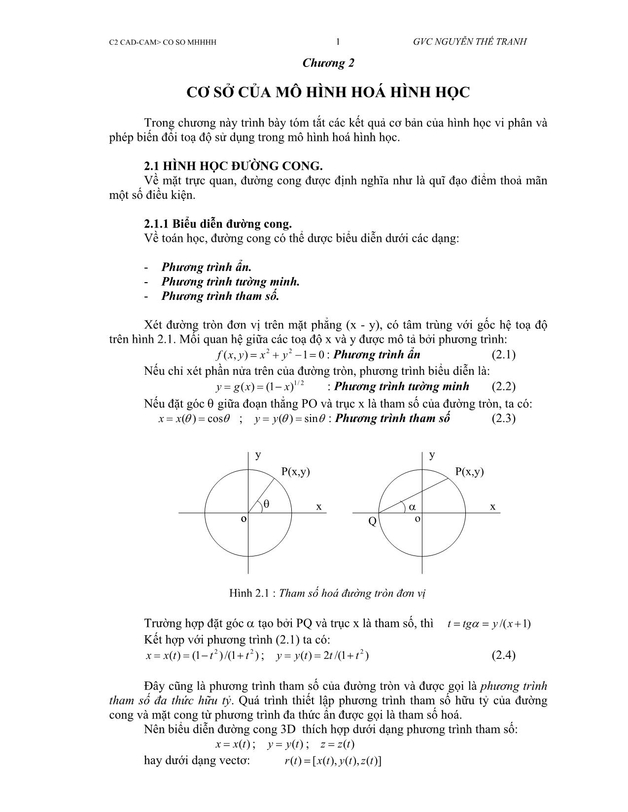Bài giảng CAD/CAM - Chương 2: Cơ sở của mô hình hoá hình học - Nguyễn Thế Tranh trang 1