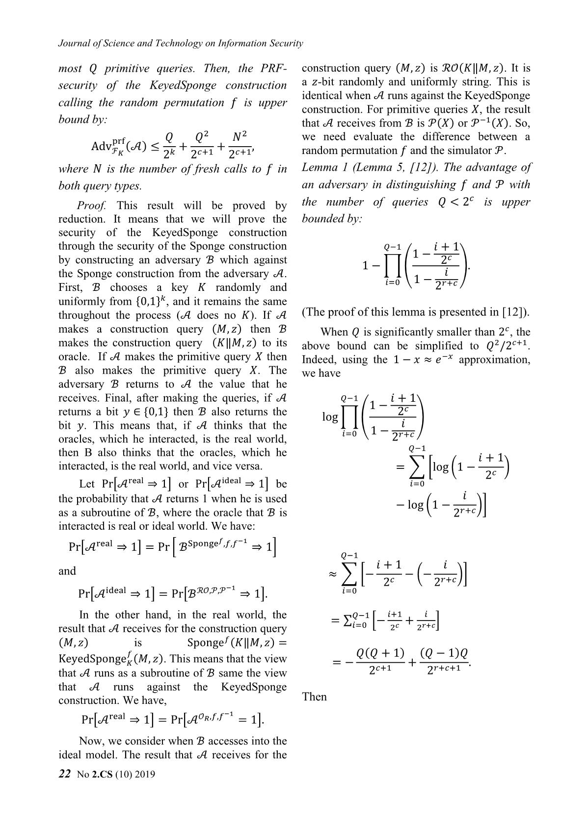 A new proof for the security of the keyed sponge construction in the ideal compression function model trang 5