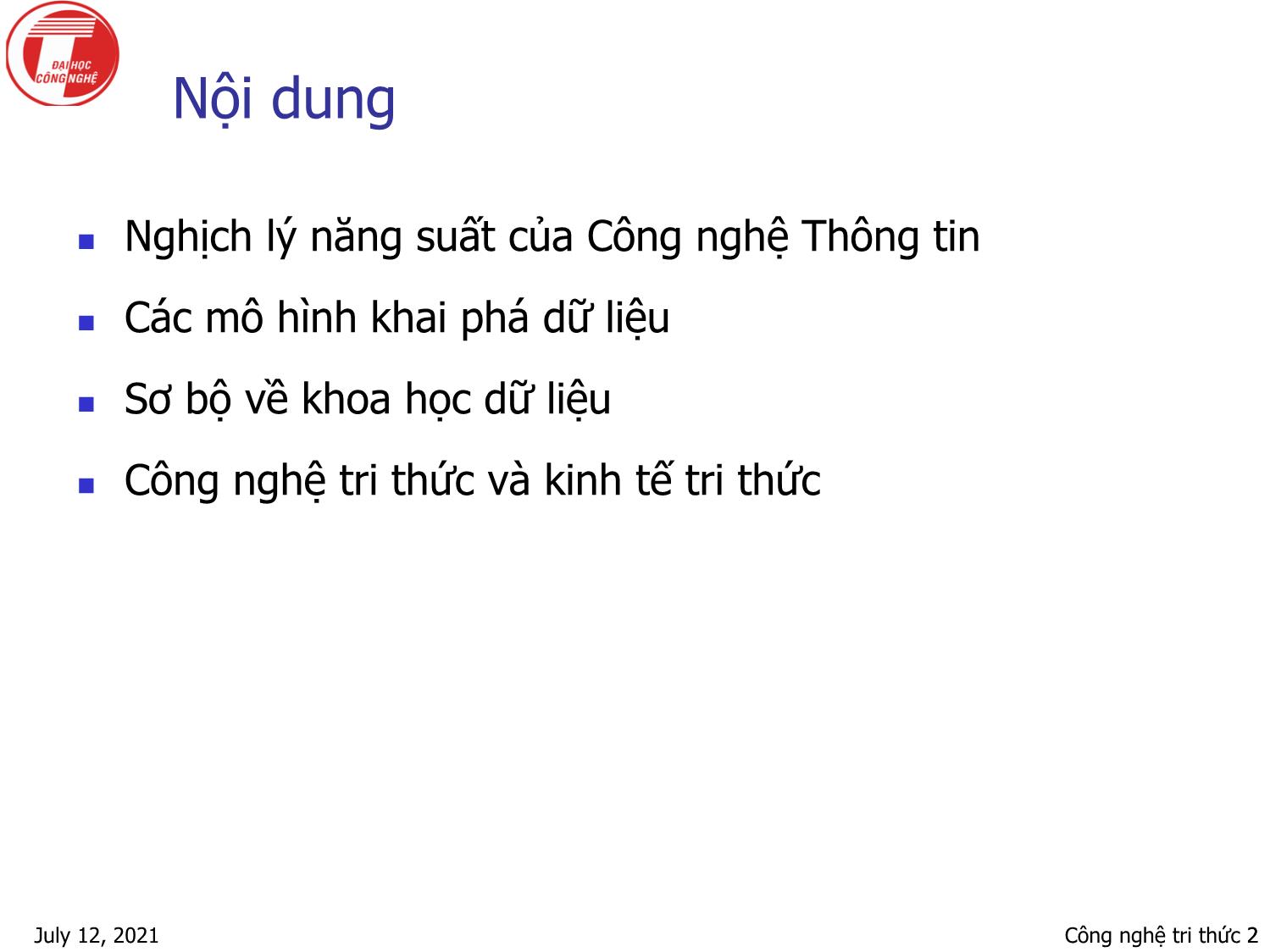 Bài giảng Nhập môn khai phá dữ liệu - Chương 2: Công nghệ tri thức - Hà Quang Thụy trang 2