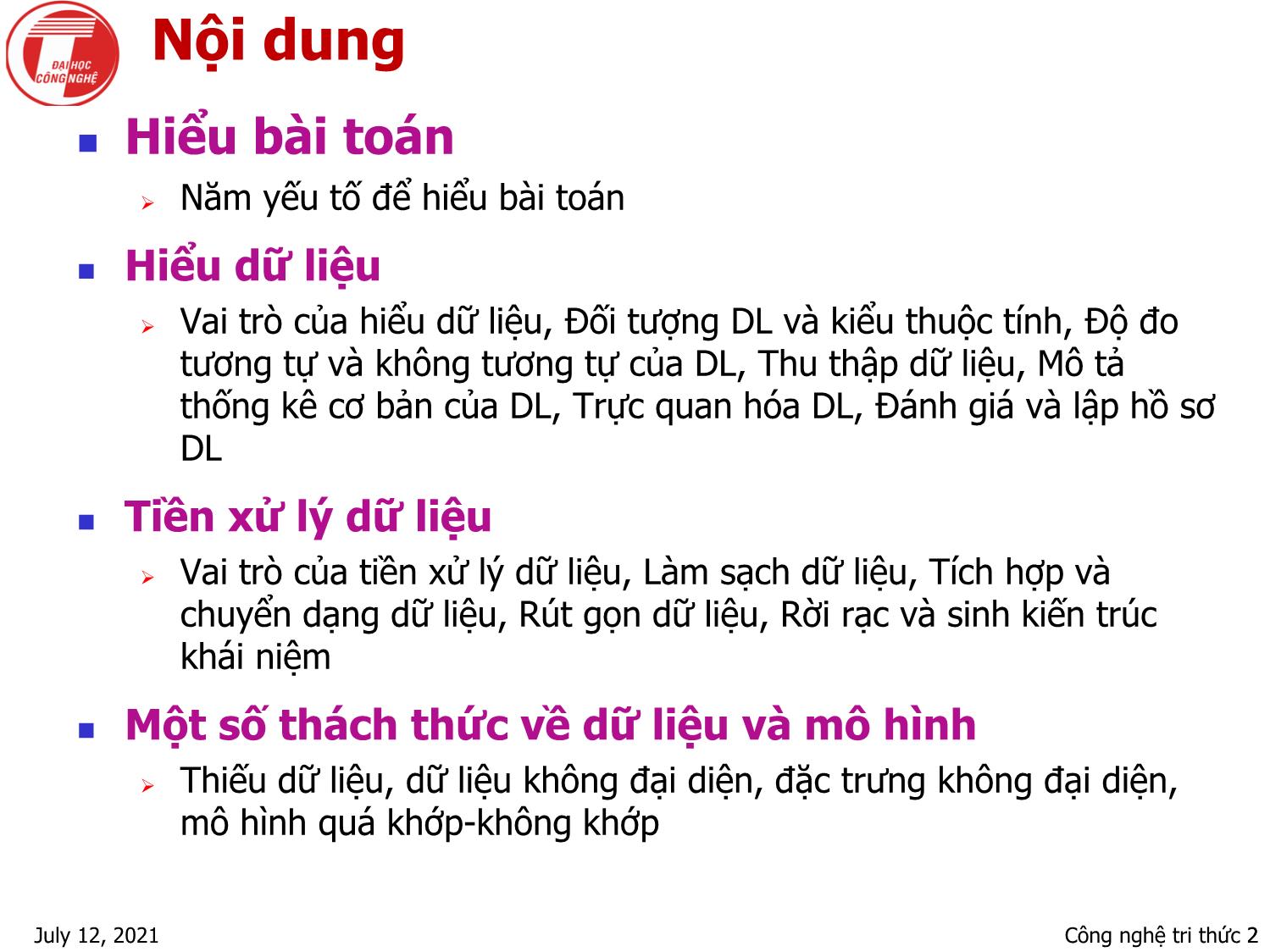 Bài giảng Nhập môn khai phá dữ liệu - Chương 3: Hiểu bài toán, hiểu dữ liệu và tiền xử lý dữ liệu - Hà Quang Thụy trang 2