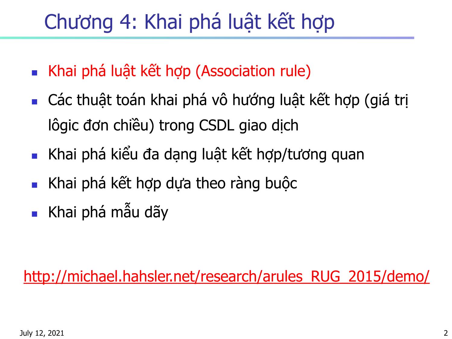 Bài giảng Nhập môn khai phá dữ liệu - Chương 4: Khai phá luật kết hợp - Hà Quang Thụy trang 2
