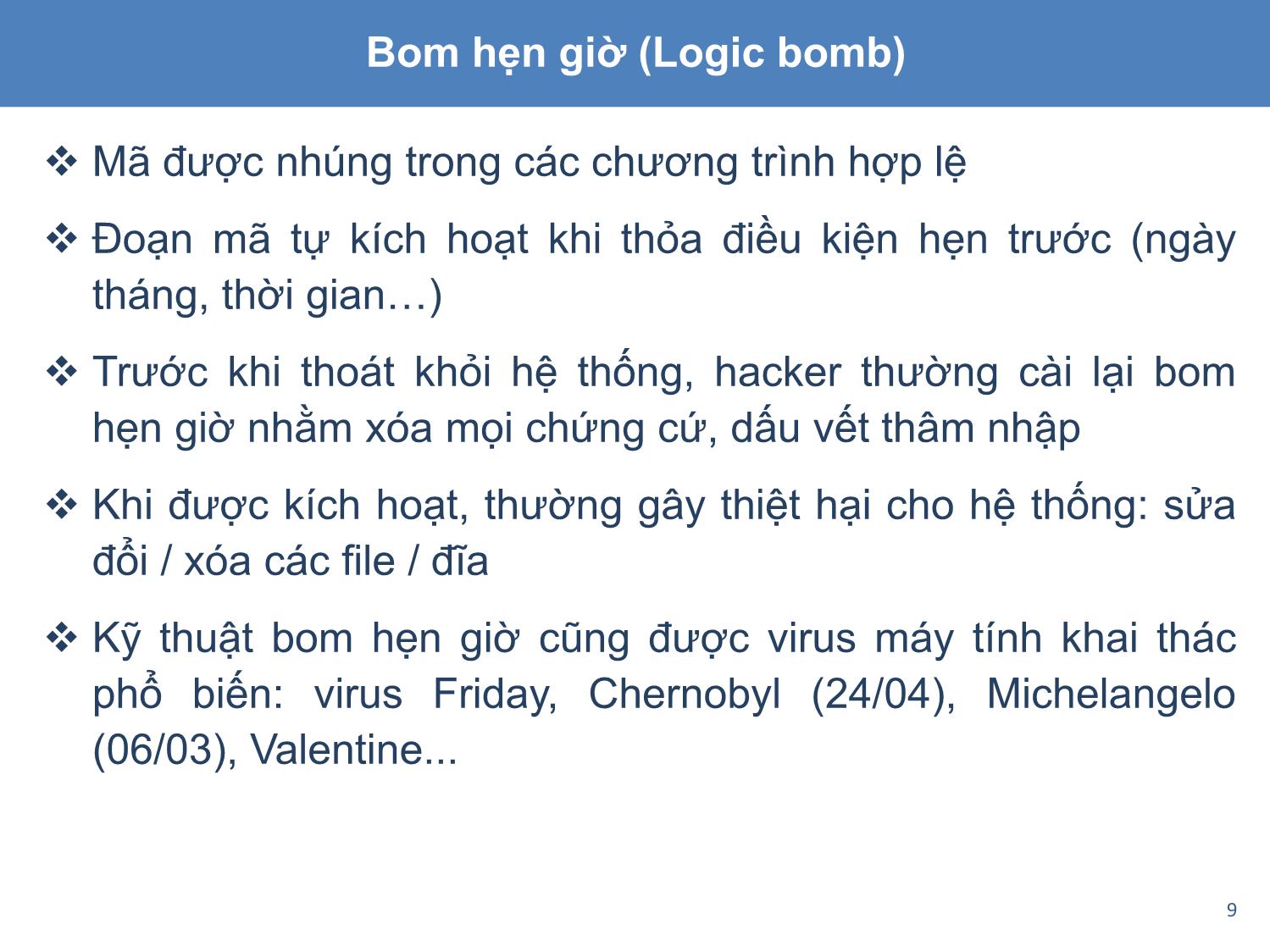 Bài giảng An toàn và bảo mật hệ thống thông tin - Chương 2, Phần 2: Phần mềm mã độc trang 9