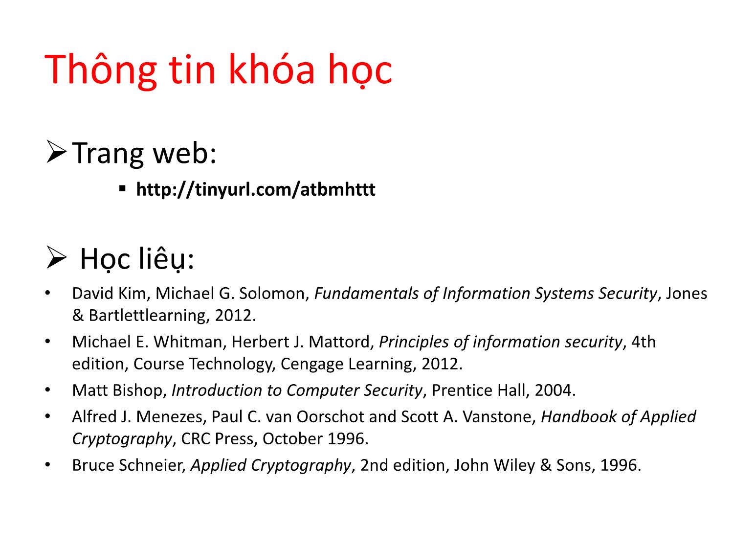 Bài giảng An toàn và bảo mật hệ thống thông tin - Giới thiệu môn học trang 2