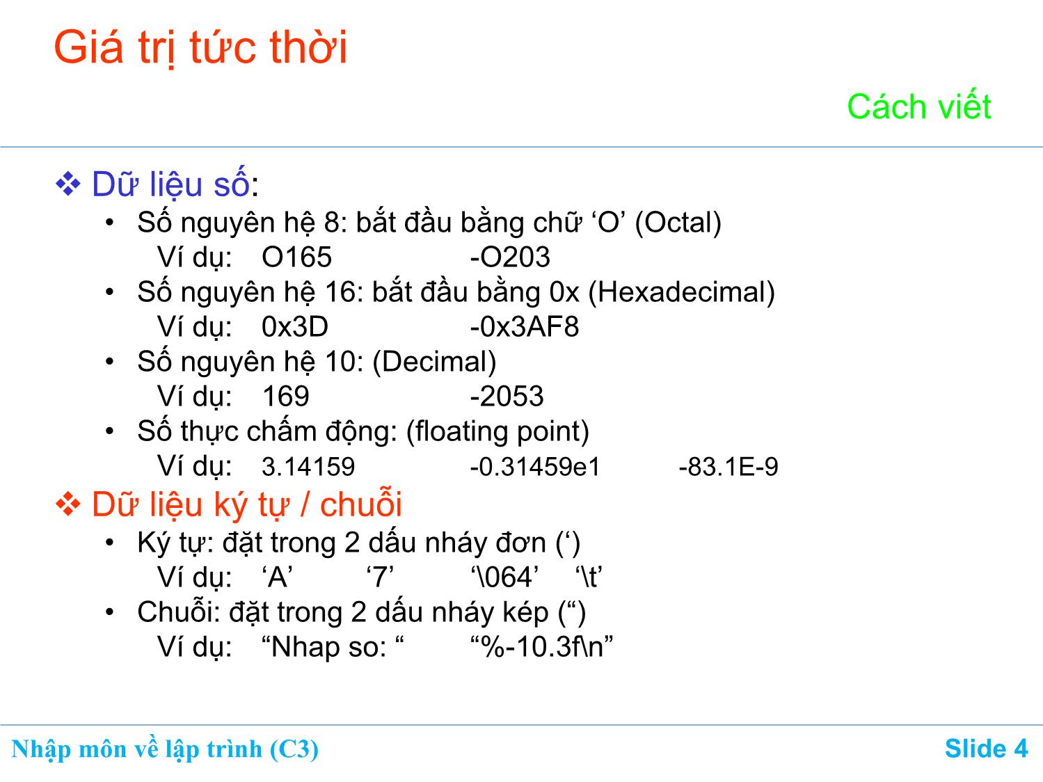 Bài giảng Nhập môn về lập trình - Chương 3: Tổ chức dữ liệu trong chương trình trang 4