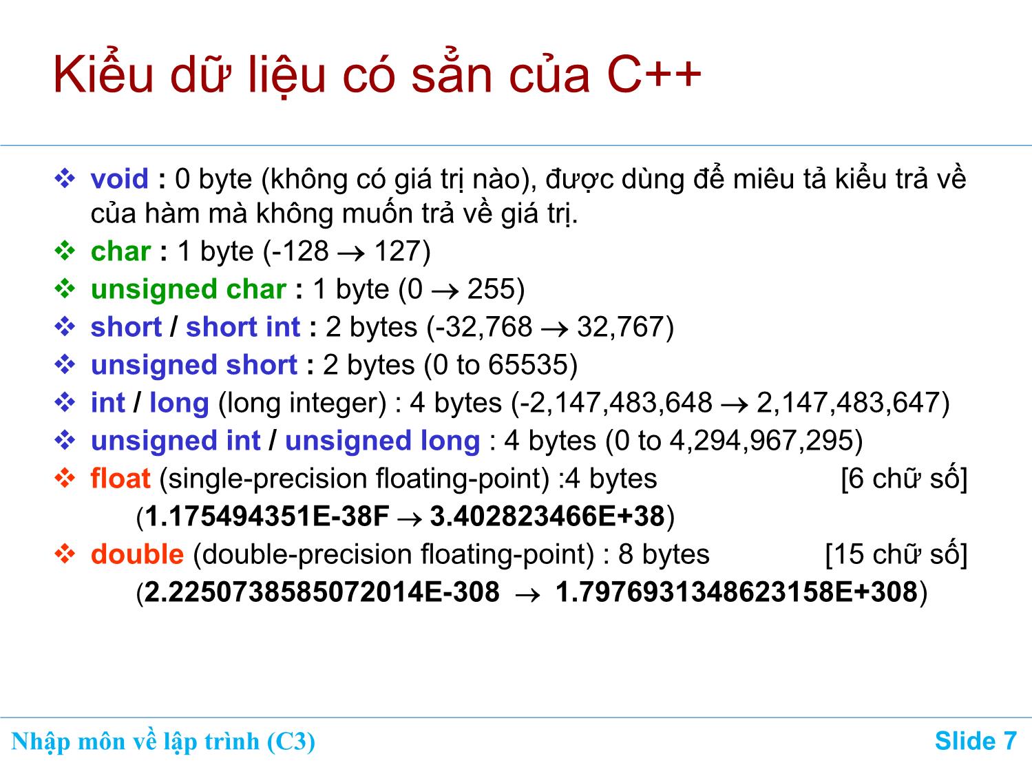 Bài giảng Nhập môn về lập trình - Chương 3: Tổ chức dữ liệu trong chương trình trang 7