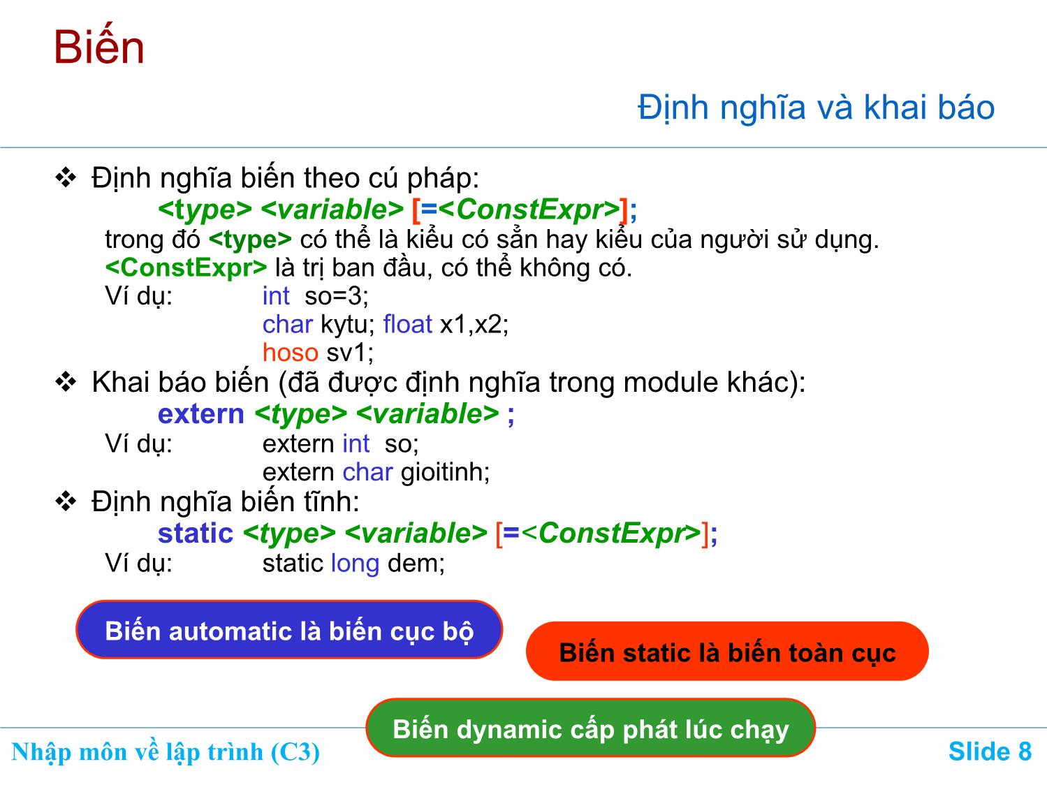 Bài giảng Nhập môn về lập trình - Chương 3: Tổ chức dữ liệu trong chương trình trang 8