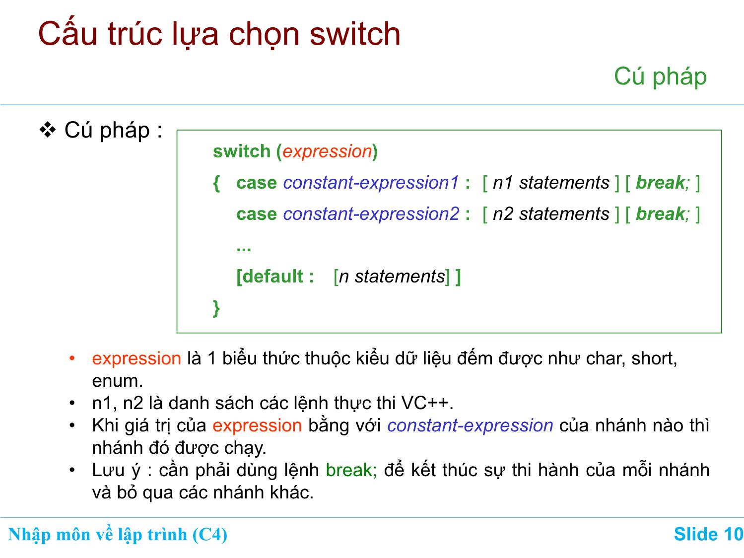 Bài giảng Nhập môn về lập trình - Chương 4: Lệnh if-else. Lệnh switch trang 10