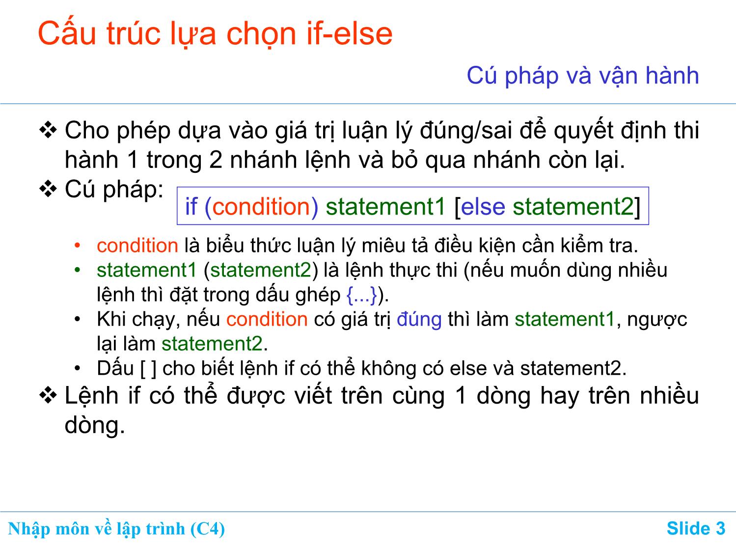 Bài giảng Nhập môn về lập trình - Chương 4: Lệnh if-else. Lệnh switch trang 3