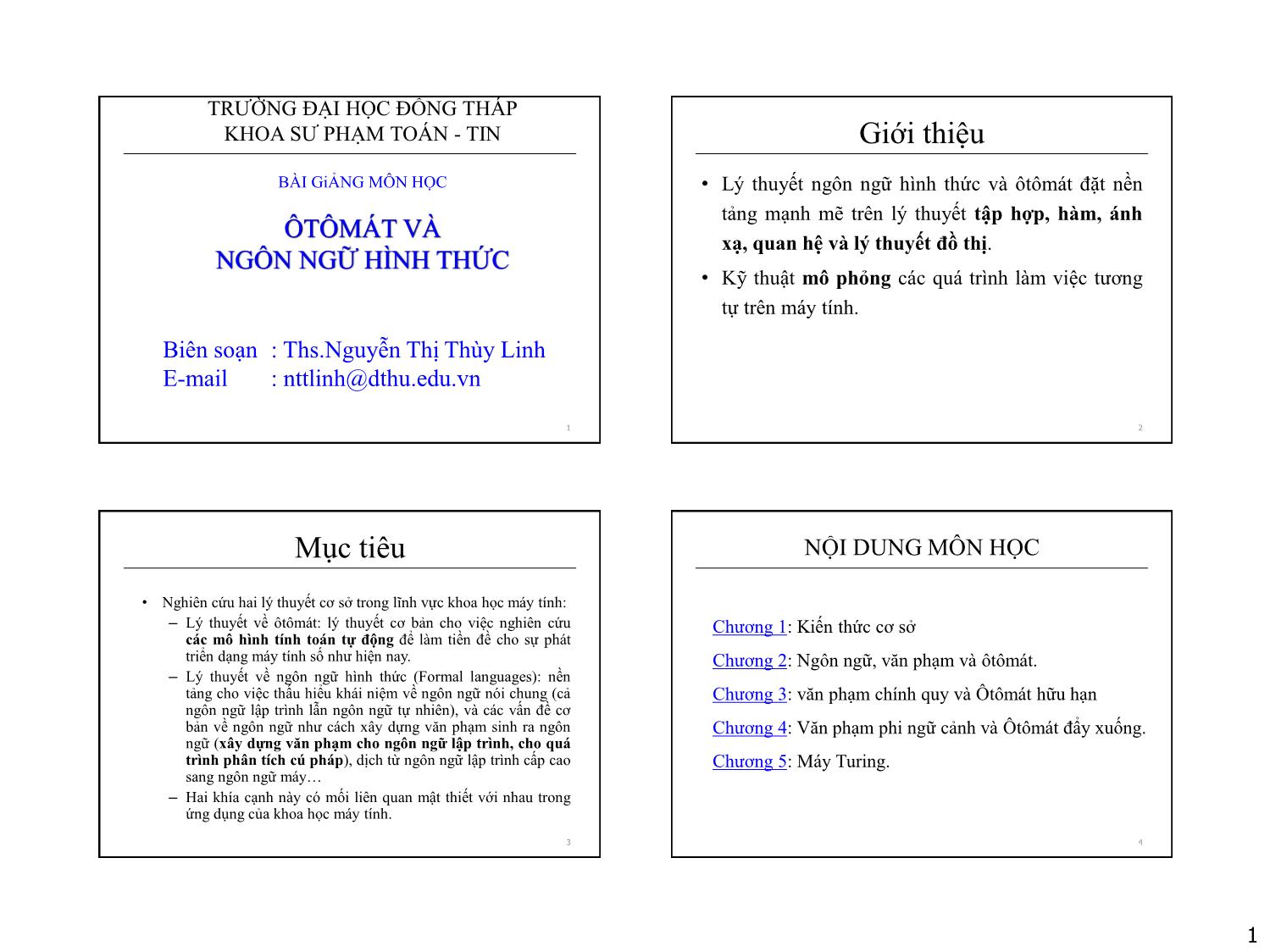 Bài giảng Ôtômát và ngôn ngữ hình thức - Chương 1: Kiến thức cơ sở - Nguyễn Thị Thùy Linh trang 1