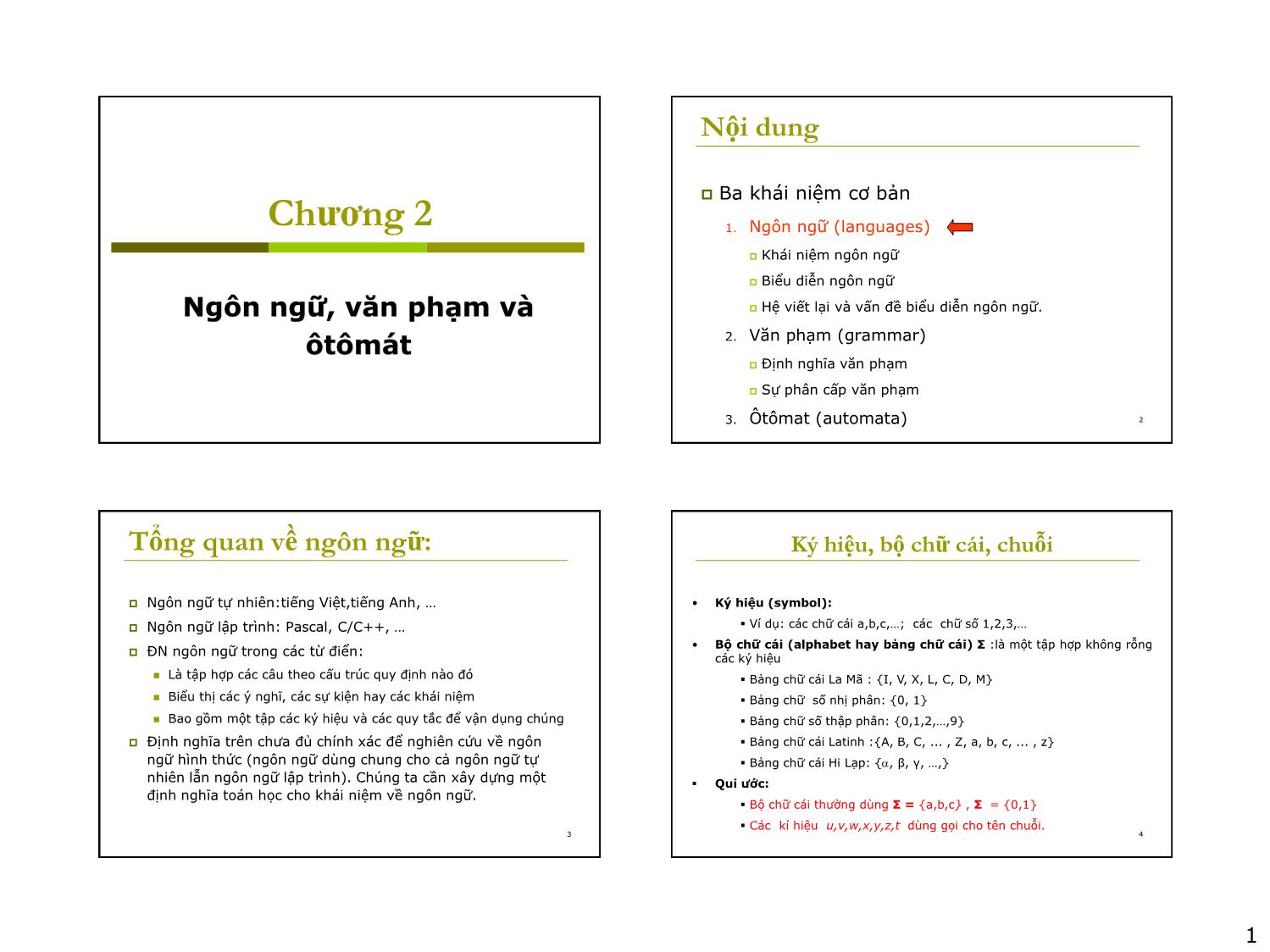 Bài giảng Ôtômát và ngôn ngữ hình thức - Chương 2: Ngôn ngữ, văn phạm và ôtômát - Nguyễn Thị Thùy Linh trang 1