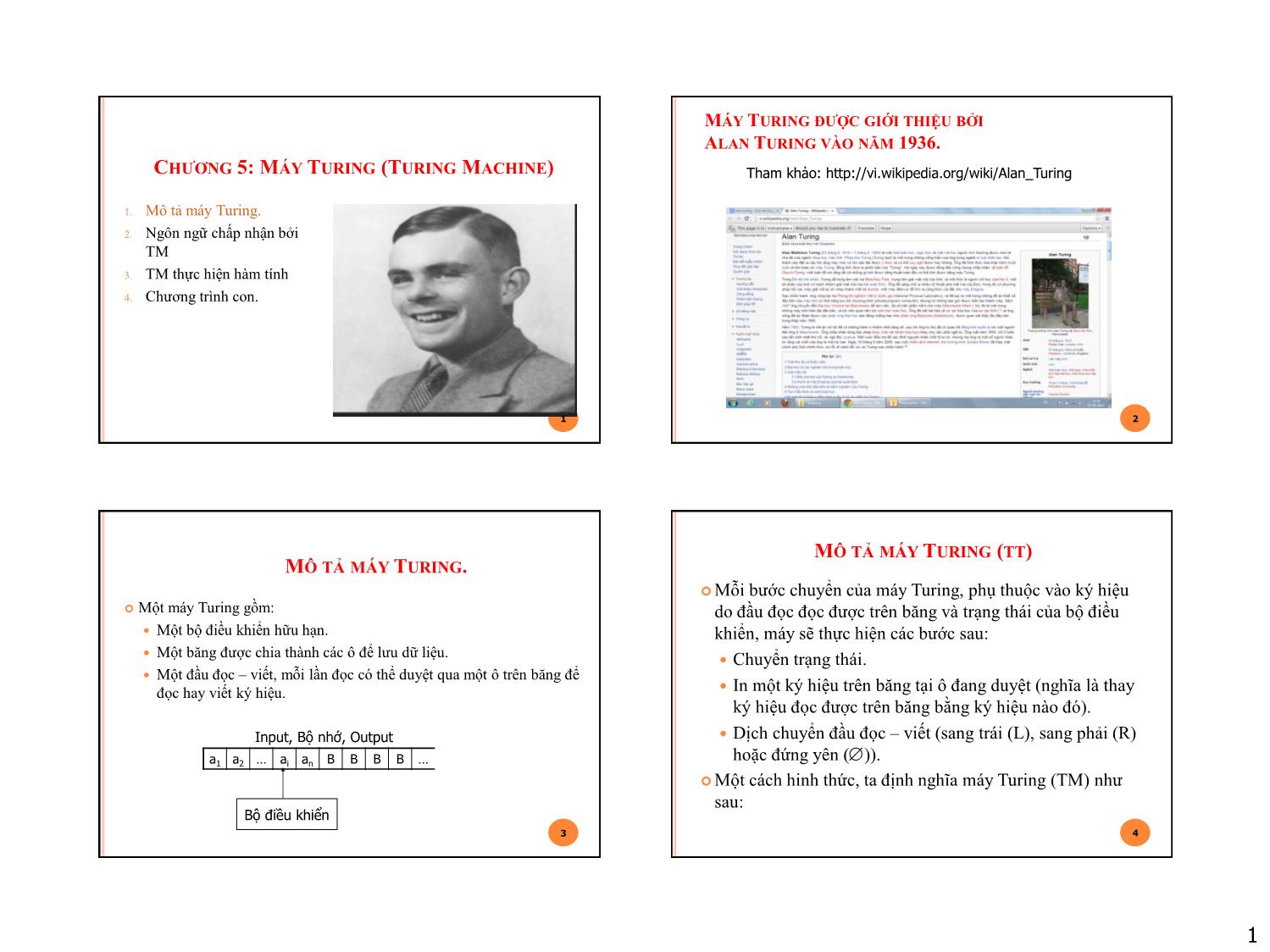 Bài giảng Ôtômát và ngôn ngữ hình thức - Chương 5: Máy Turing (Turing Machine) - Nguyễn Thị Thùy Linh trang 1