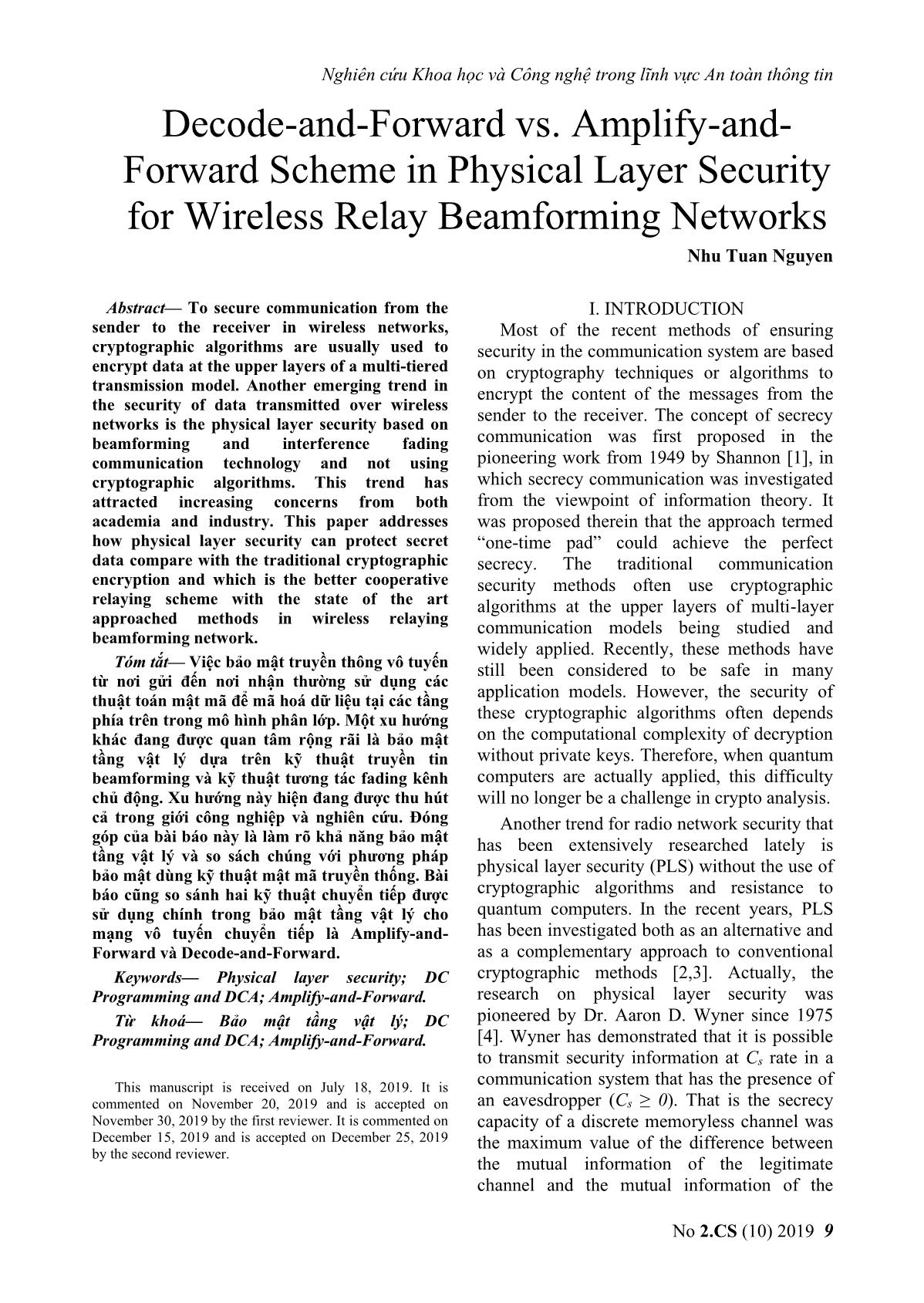 Decode - and - forward vs. amplify - andforward scheme in physical layer security for wireless relay beamforming networks trang 1