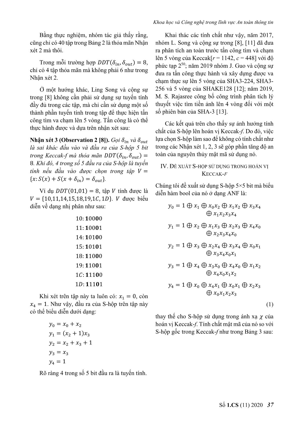 Đề xuất S-Hộp có tính chất mật mã tốt cho hoán vị của hàm băm Keccak trang 6
