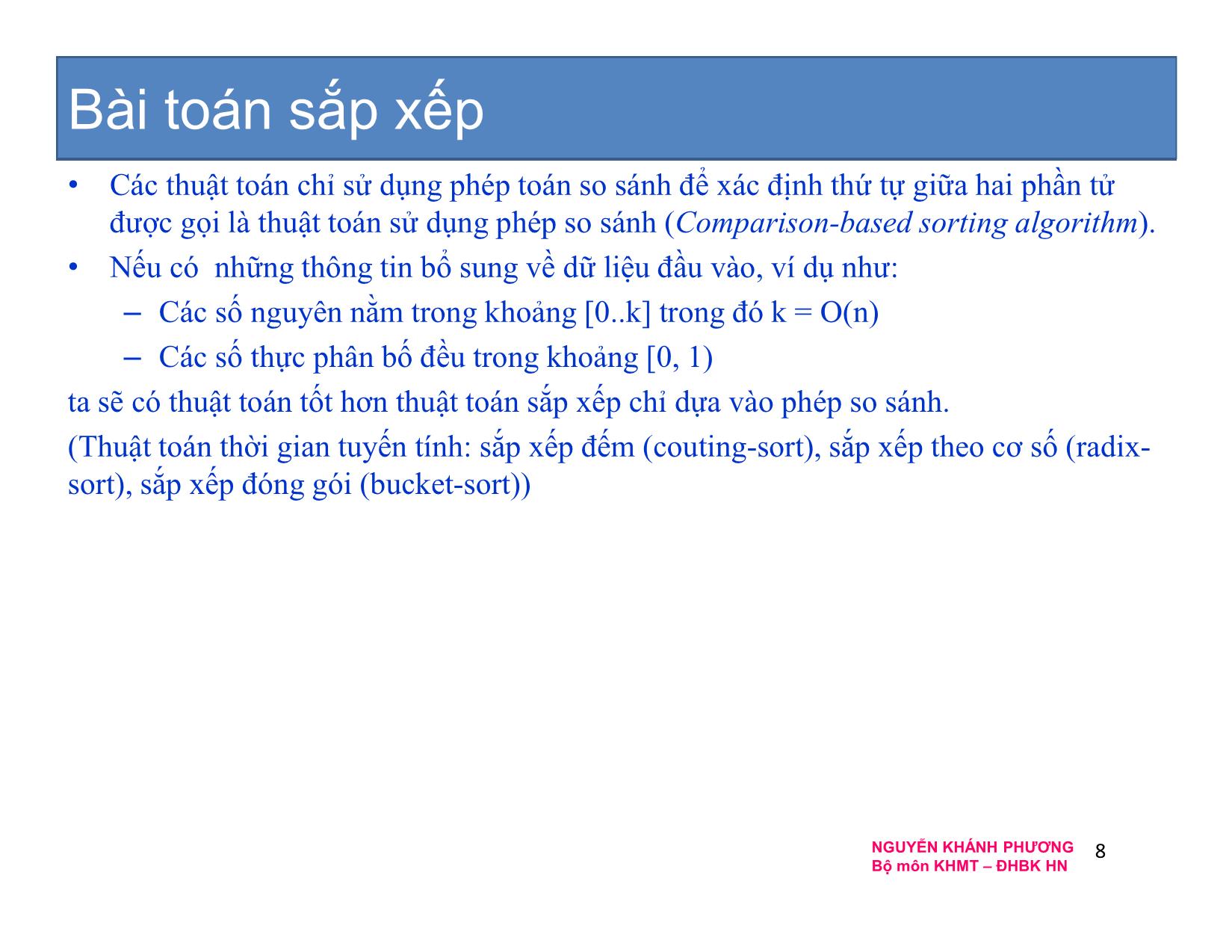 Bài giảng Cấu trúc dữ liệu và thuật toán - Chương 5: Sắp xếp - Nguyễn Khánh Phương trang 8