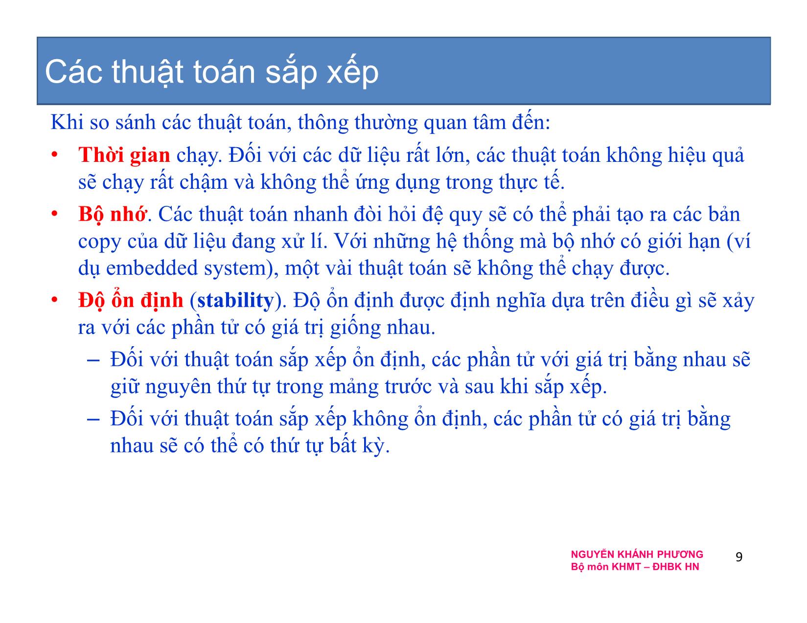 Bài giảng Cấu trúc dữ liệu và thuật toán - Chương 5: Sắp xếp - Nguyễn Khánh Phương trang 9