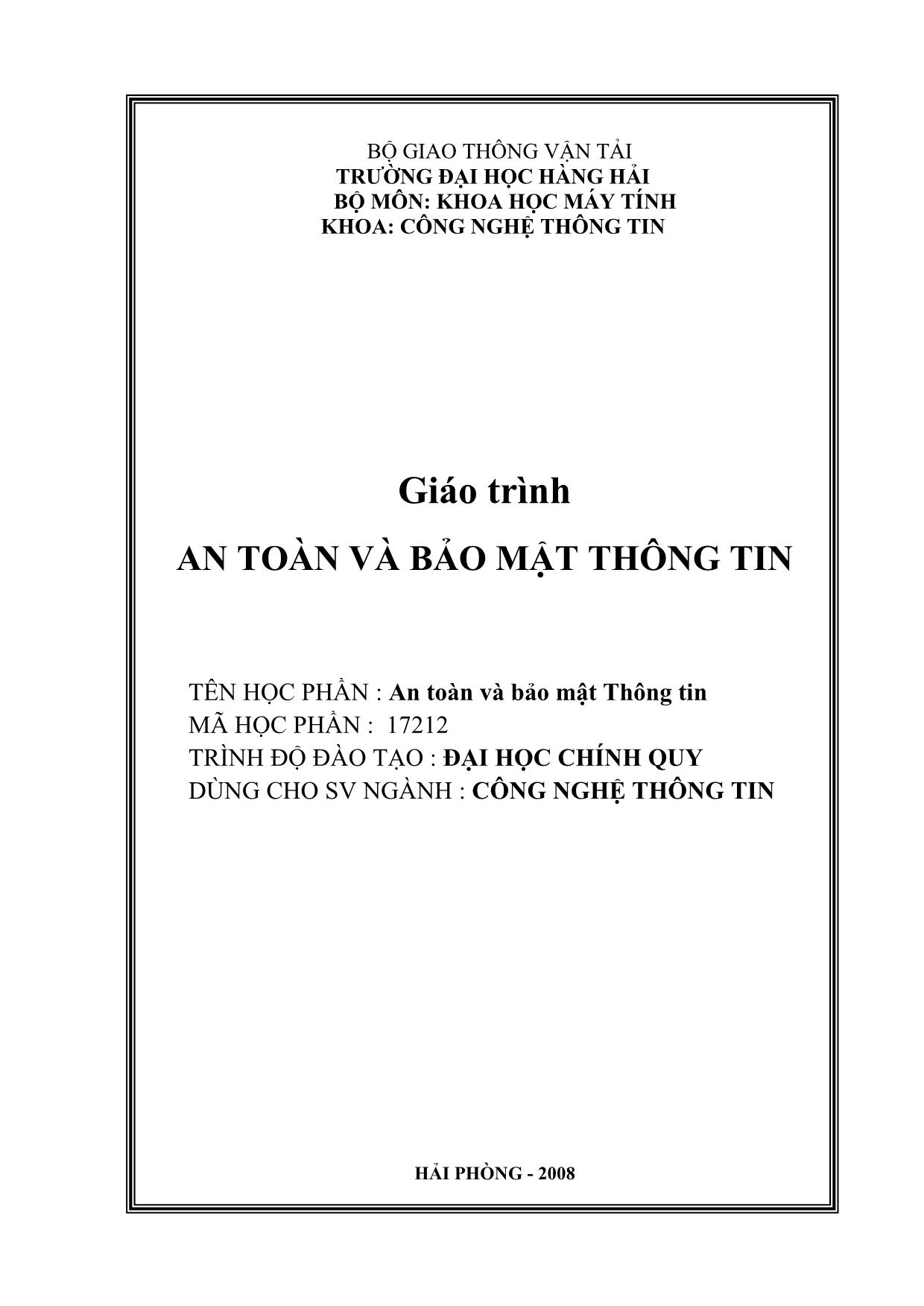 Giáo trình An toàn và bảo mật thông tin - Trường Đại học Hàng Hải trang 1