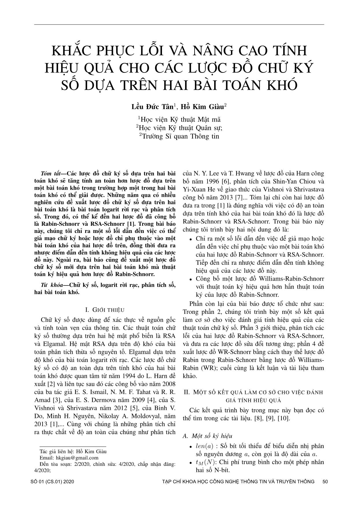 Khắc phục lỗi và nâng cao tính hiệu quả cho các lược đồ chữ ký số dựa trên hai bài toán khó trang 1