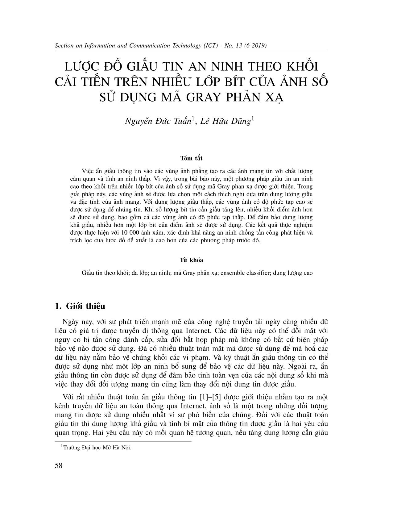 Lược đồ giấu tin an ninh theo khối cải tiến trên nhiều lớp bít của ảnh số sử dụng mã gray phản xạ trang 1