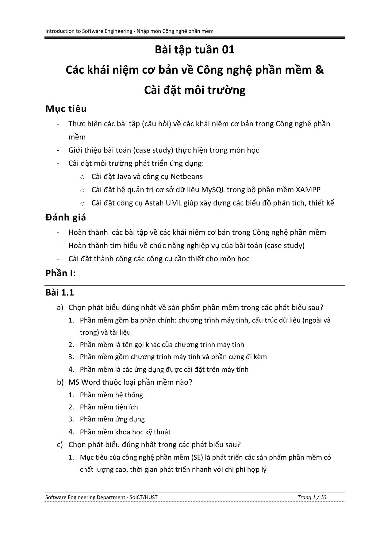 Bài tập Nhập môn Công nghệ phần mềm - Tuần 1: Các khái niệm cơ bản về Công nghệ phần mềm & Cài đặt môi trường trang 1