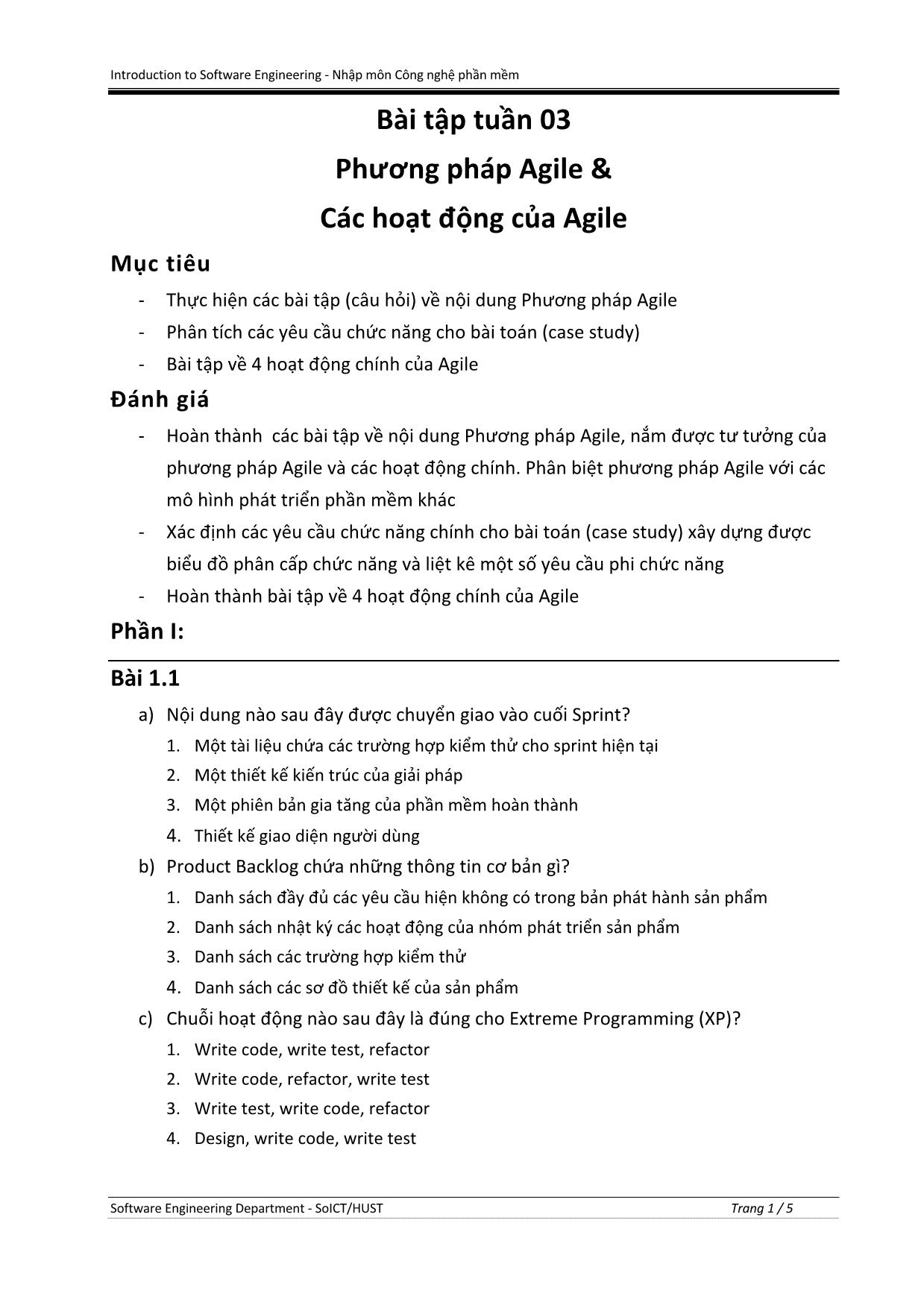 Bài tập Nhập môn Công nghệ phần mềm - Tuần 3: Phương pháp Agile & Các hoạt động của Agile trang 1