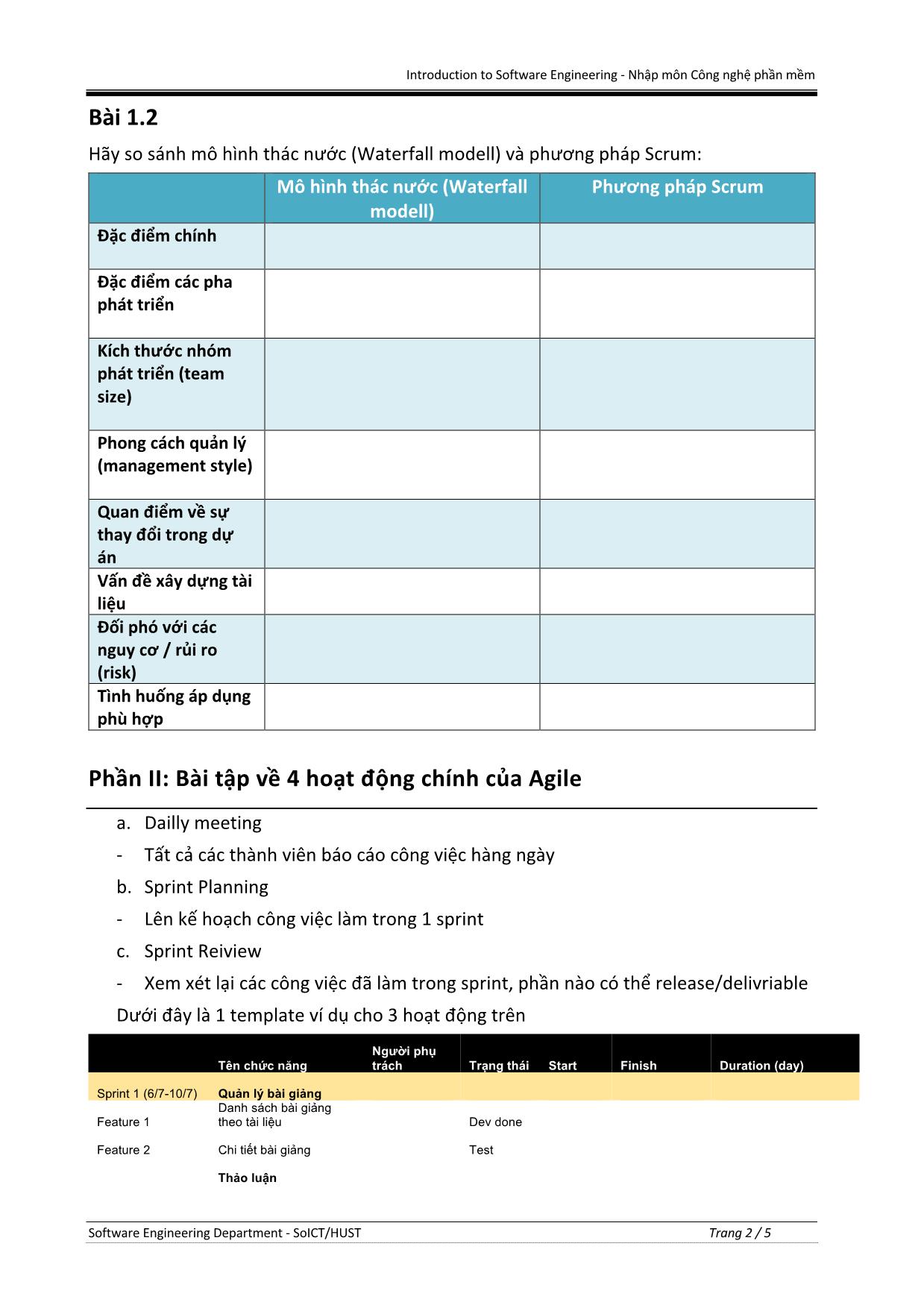 Bài tập Nhập môn Công nghệ phần mềm - Tuần 3: Phương pháp Agile & Các hoạt động của Agile trang 2