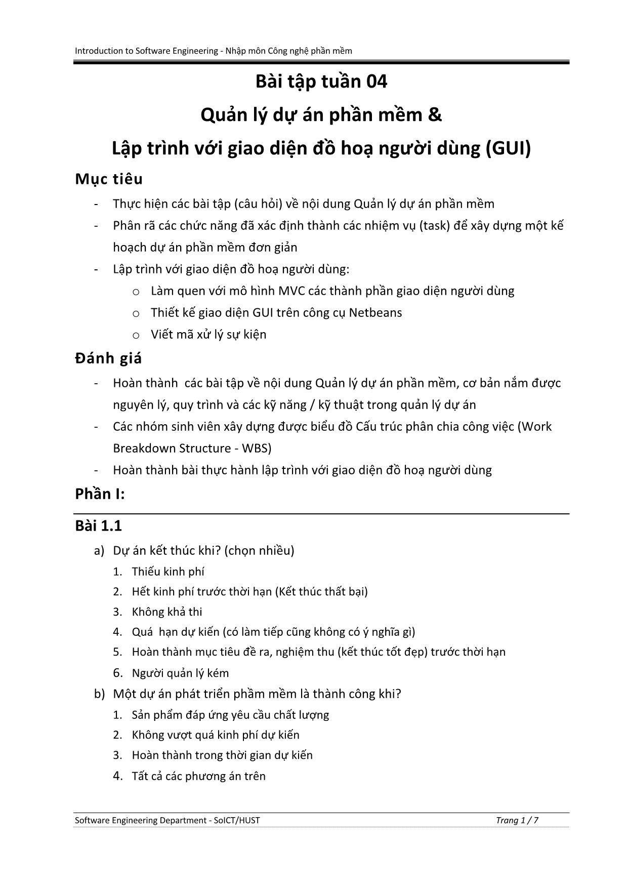 Bài tập Nhập môn Công nghệ phần mềm - Tuần 4: Quản lý dự án phần mềm & Lập trình với giao diện đồ hoạ người dùng (GUI) trang 1