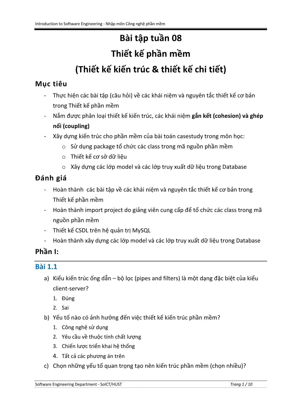 Bài tập Nhập môn Công nghệ phần mềm - Tuần 8: Thiết kế phần mềm (Thiết kế kiến trúc & thiết kế chi tiết) trang 1