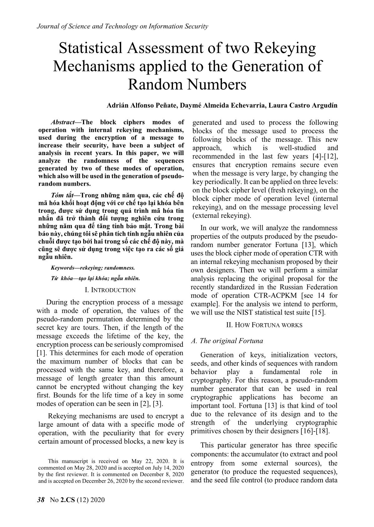 Statistical assessment of two rekeying mechanisms applied to the generation of random numbers trang 1