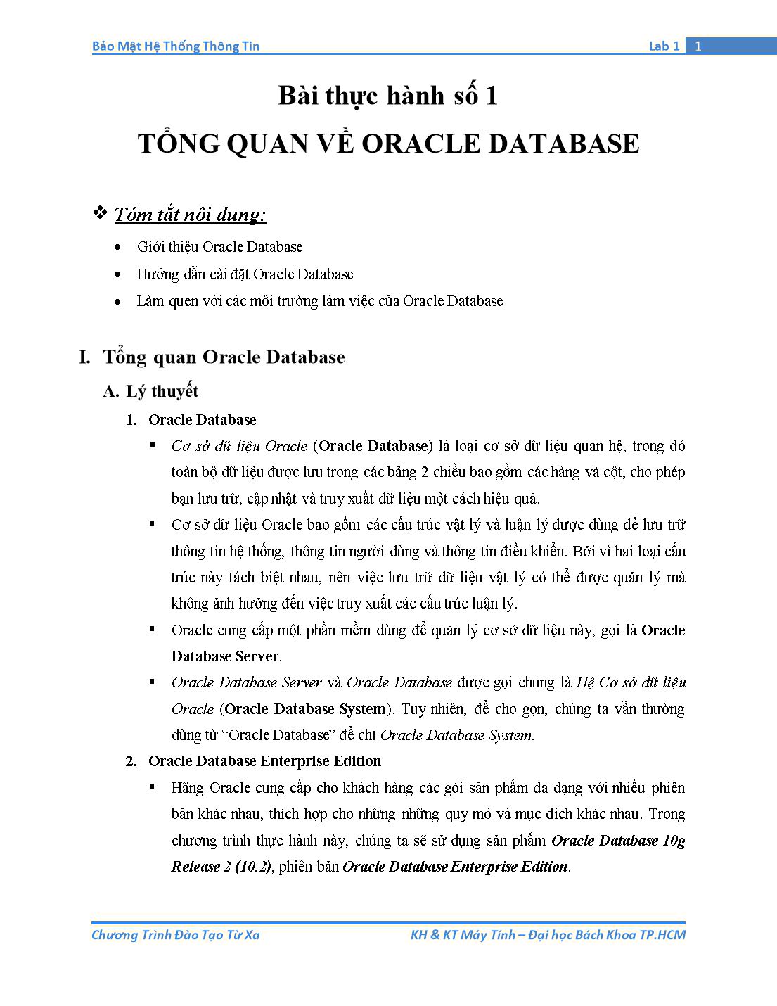 Tài liệu thực hành Bảo mật hệ thống thông tin - Bài thực hành số 1: Tổng quan về Oracle Database trang 1