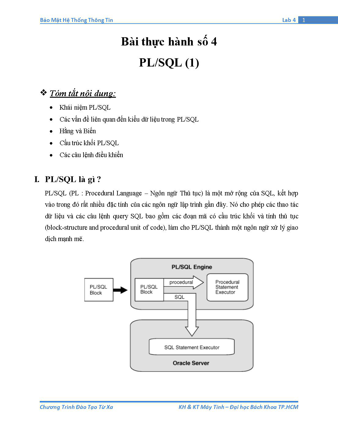 Tài liệu thực hành Bảo mật hệ thống thông tin - Bài thực hành số 4: PL/SQL (Phần 1) trang 1