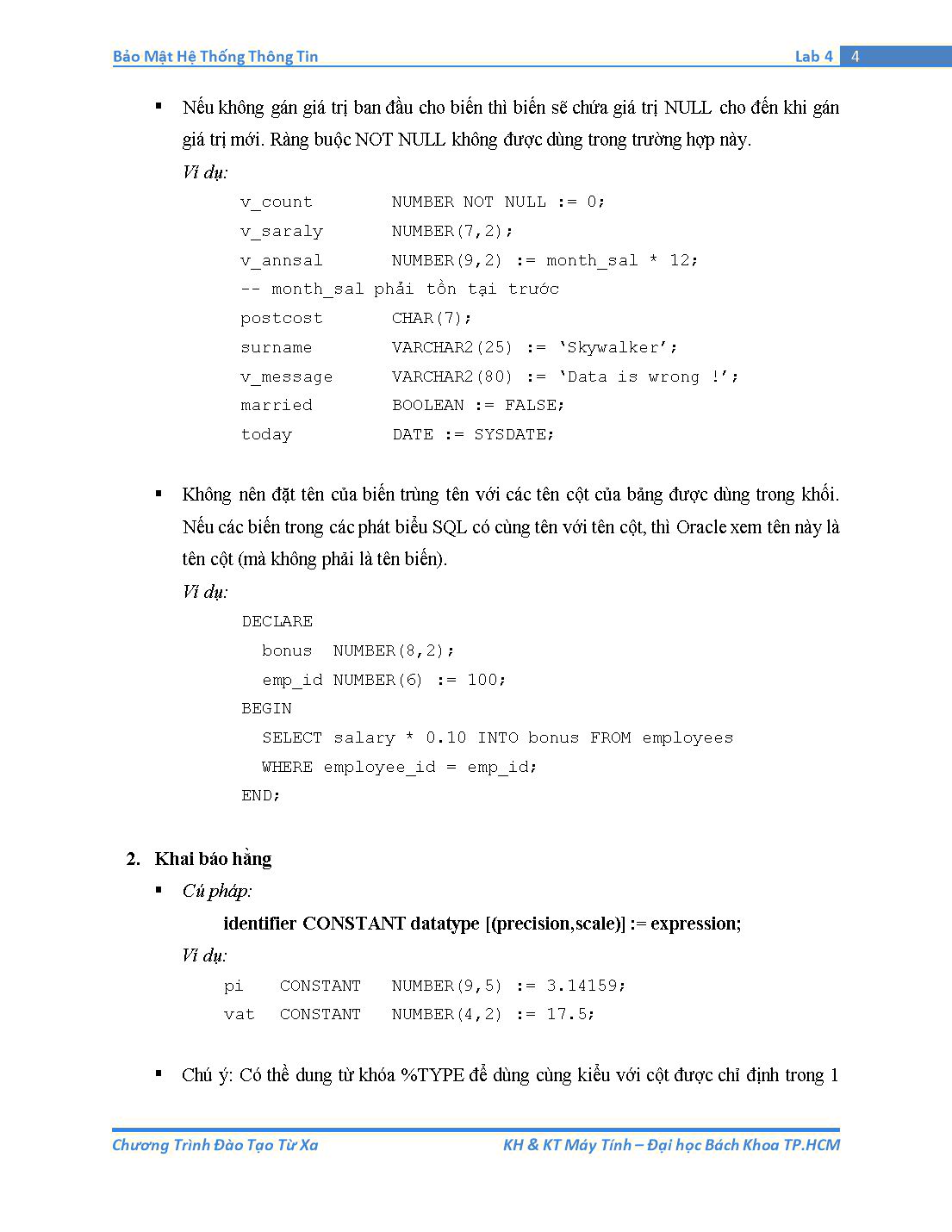 Tài liệu thực hành Bảo mật hệ thống thông tin - Bài thực hành số 4: PL/SQL (Phần 1) trang 4