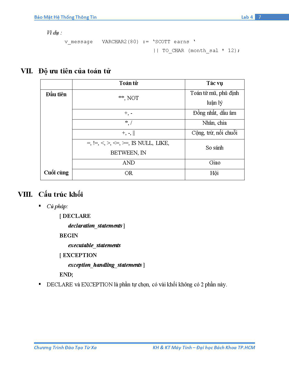 Tài liệu thực hành Bảo mật hệ thống thông tin - Bài thực hành số 4: PL/SQL (Phần 1) trang 7