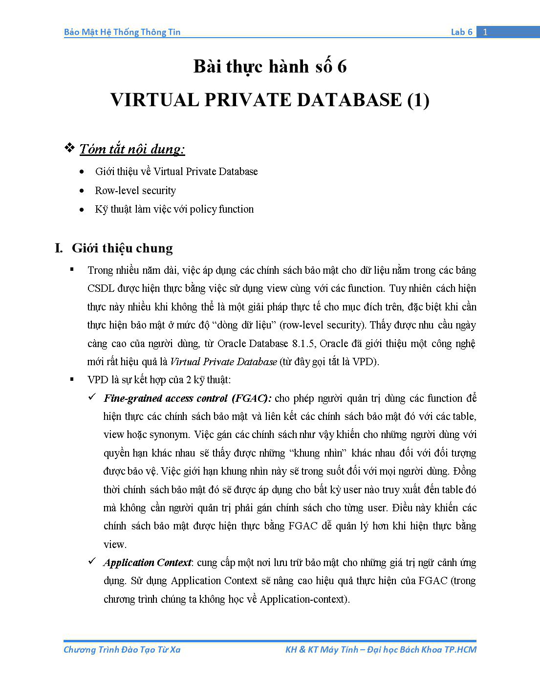 Tài liệu thực hành Bảo mật hệ thống thông tin - Bài thực hành số 6: Virtual Private Database (Phần 1) trang 1